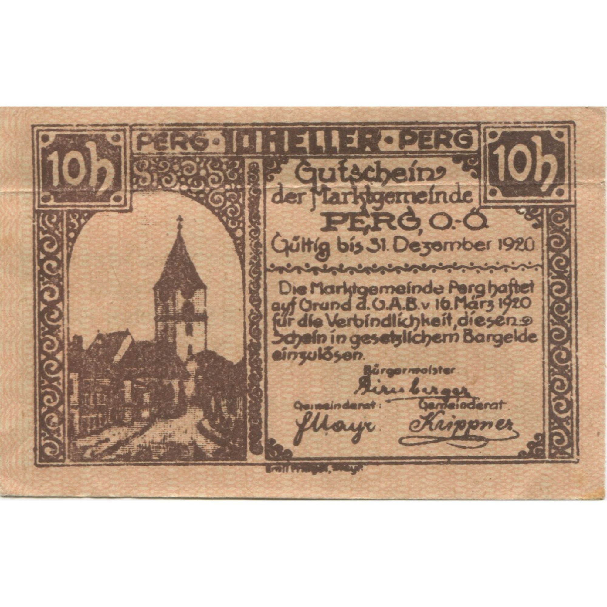 Banknote, Austria, Perg, 10 Heller, Blason, 1920, AU(55-58), Mehl:FS 730I