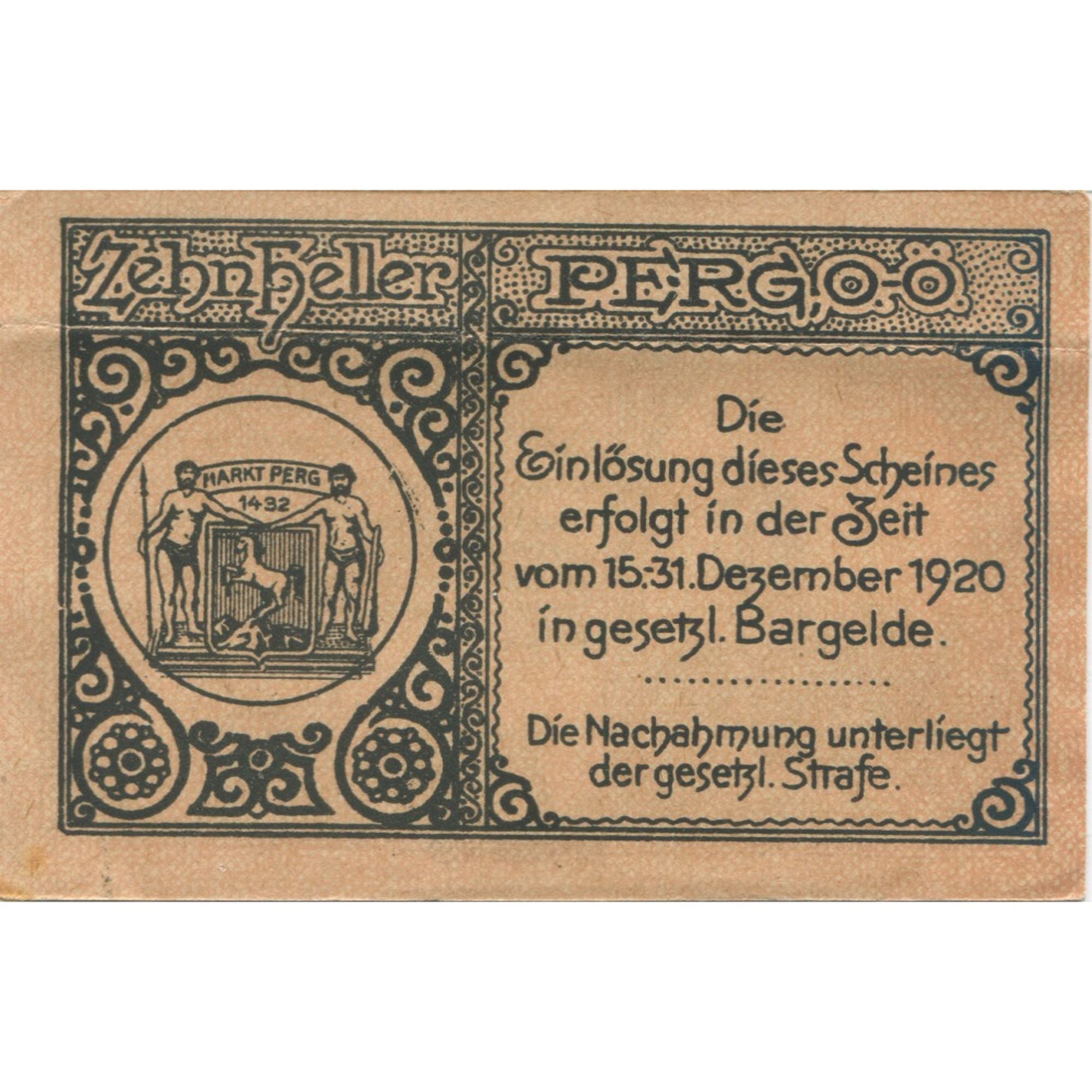 Banknote, Austria, Perg, 10 Heller, Blason, 1920, AU(55-58), Mehl:FS 730I