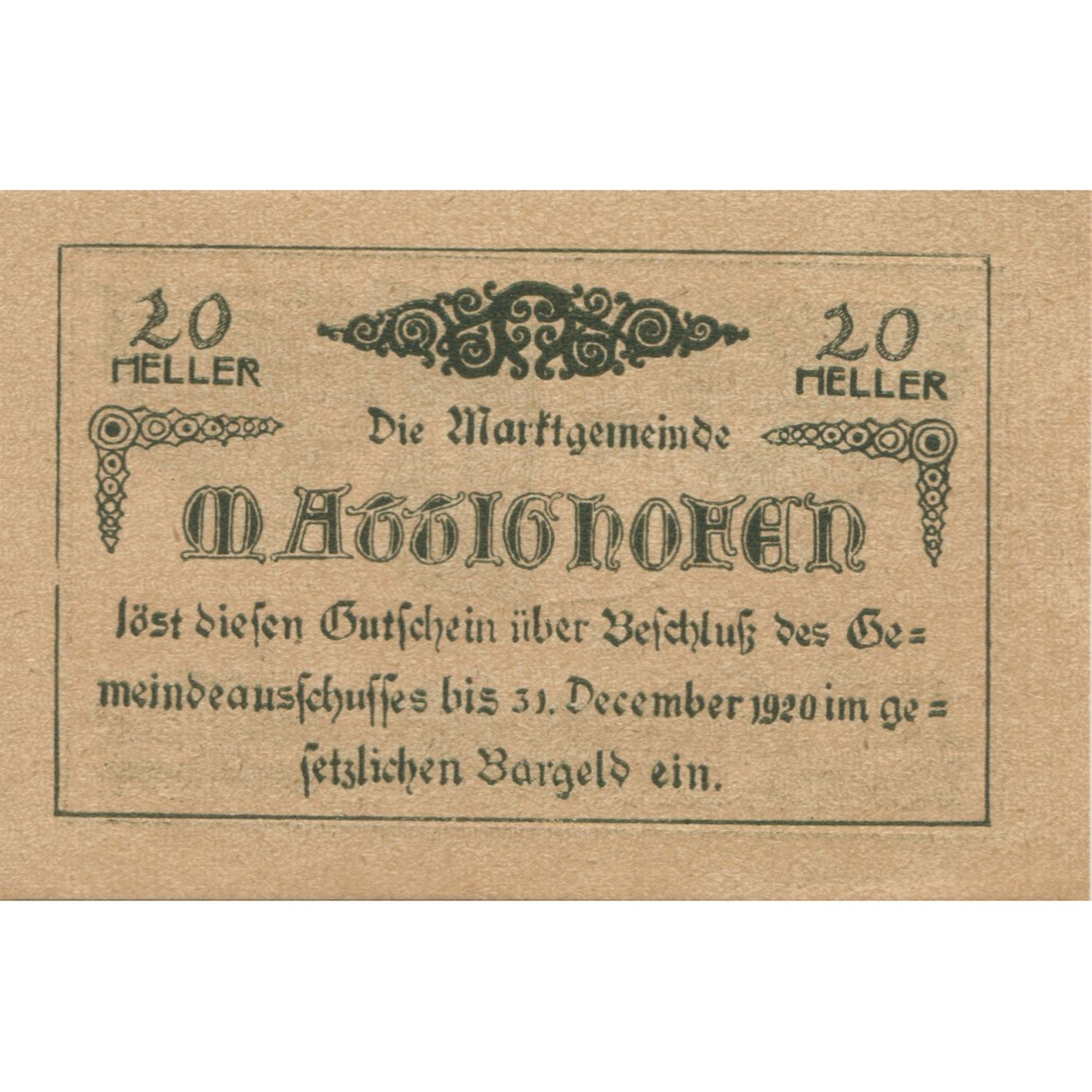 Banknote, Austria, Mattighofen, 20 Heller, village, 1920 UNC(63) Mehl:FS 594b