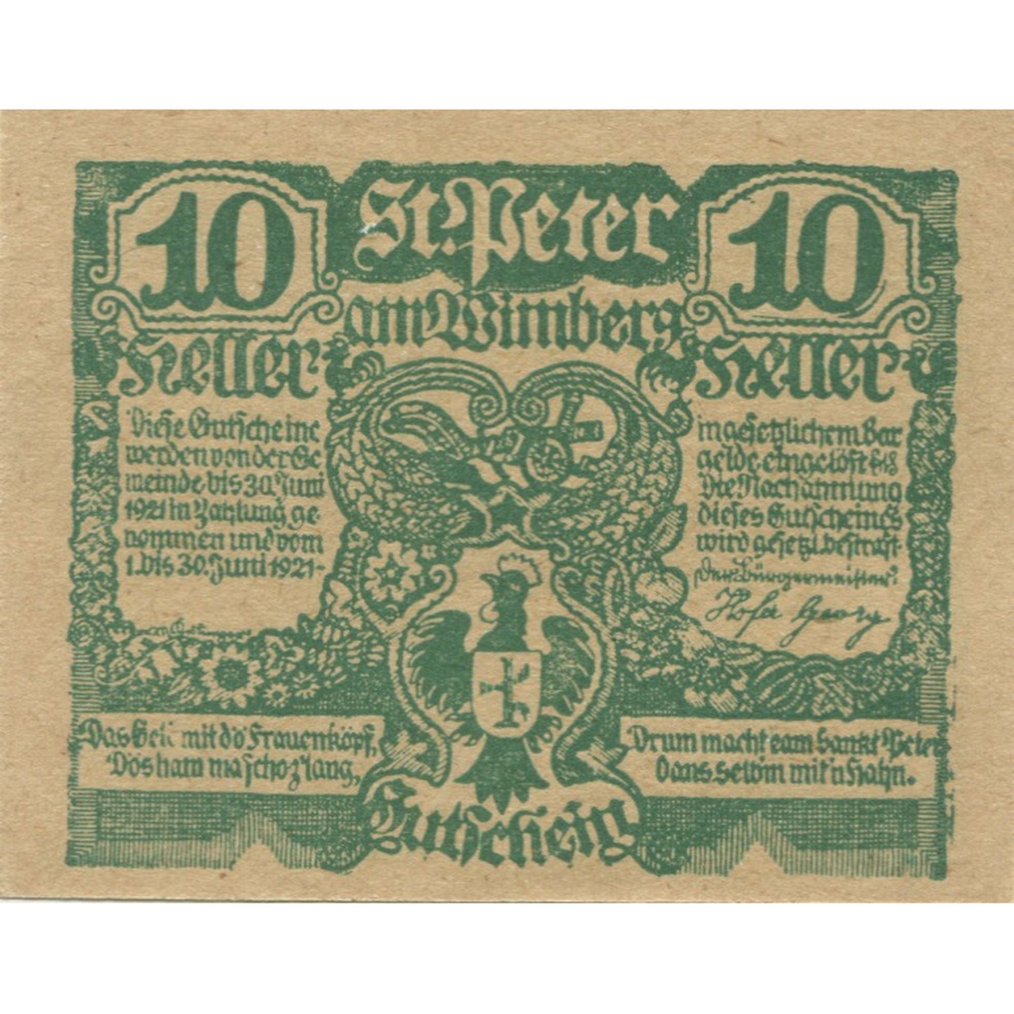 Banknote, Austria, St Peter, 10 Heller, Blason, 1921 UNC(63) Mehl:FS 926