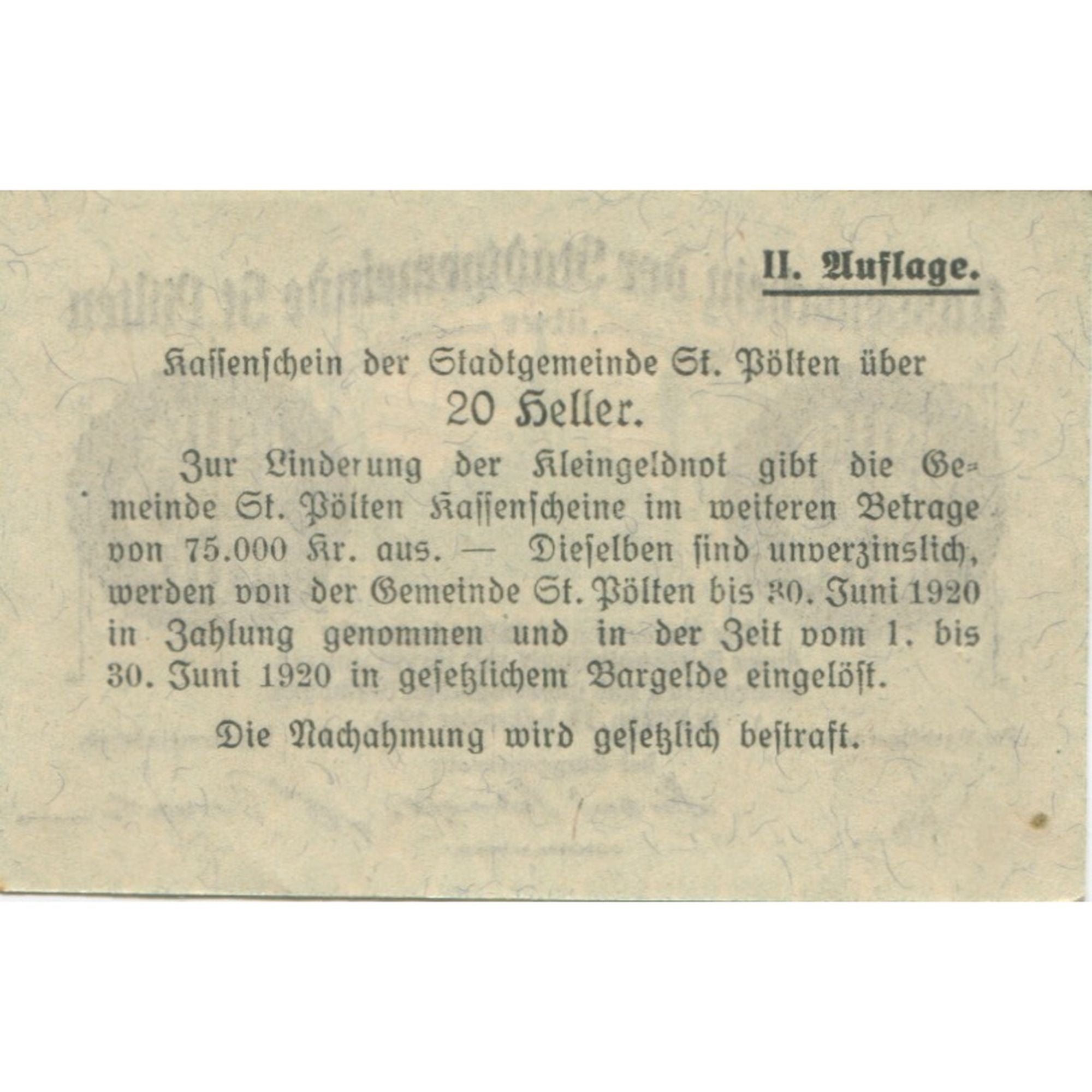 Banknote, Austria, St Pölten, 20 Heller, château, 1920 UNC(63) Mehl:FS 927Ib