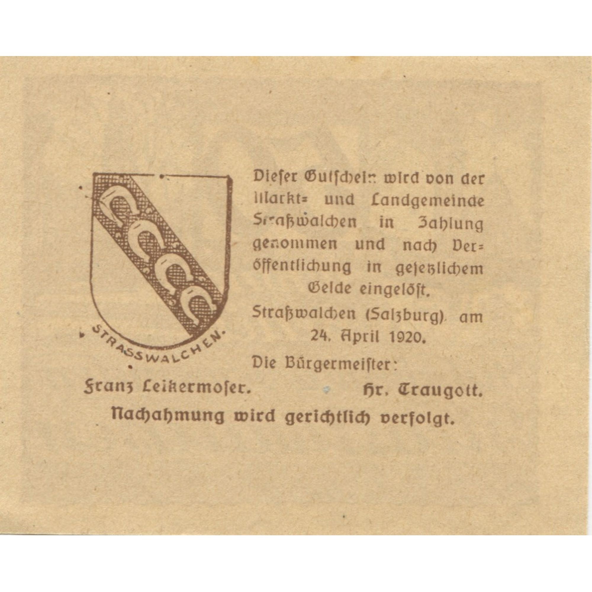 Banknote, Austria, Strasswalchen, 50 Heller, Texte, 1920, UNC(63), Mehl:FS 1047a