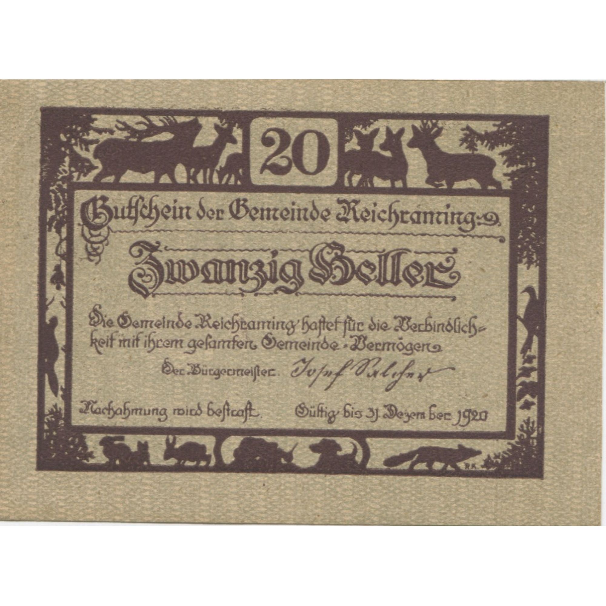 Banknote, Austria, Reichraming, 20 Heller, cerf, 1920 UNC(63) Mehl:FS 829b