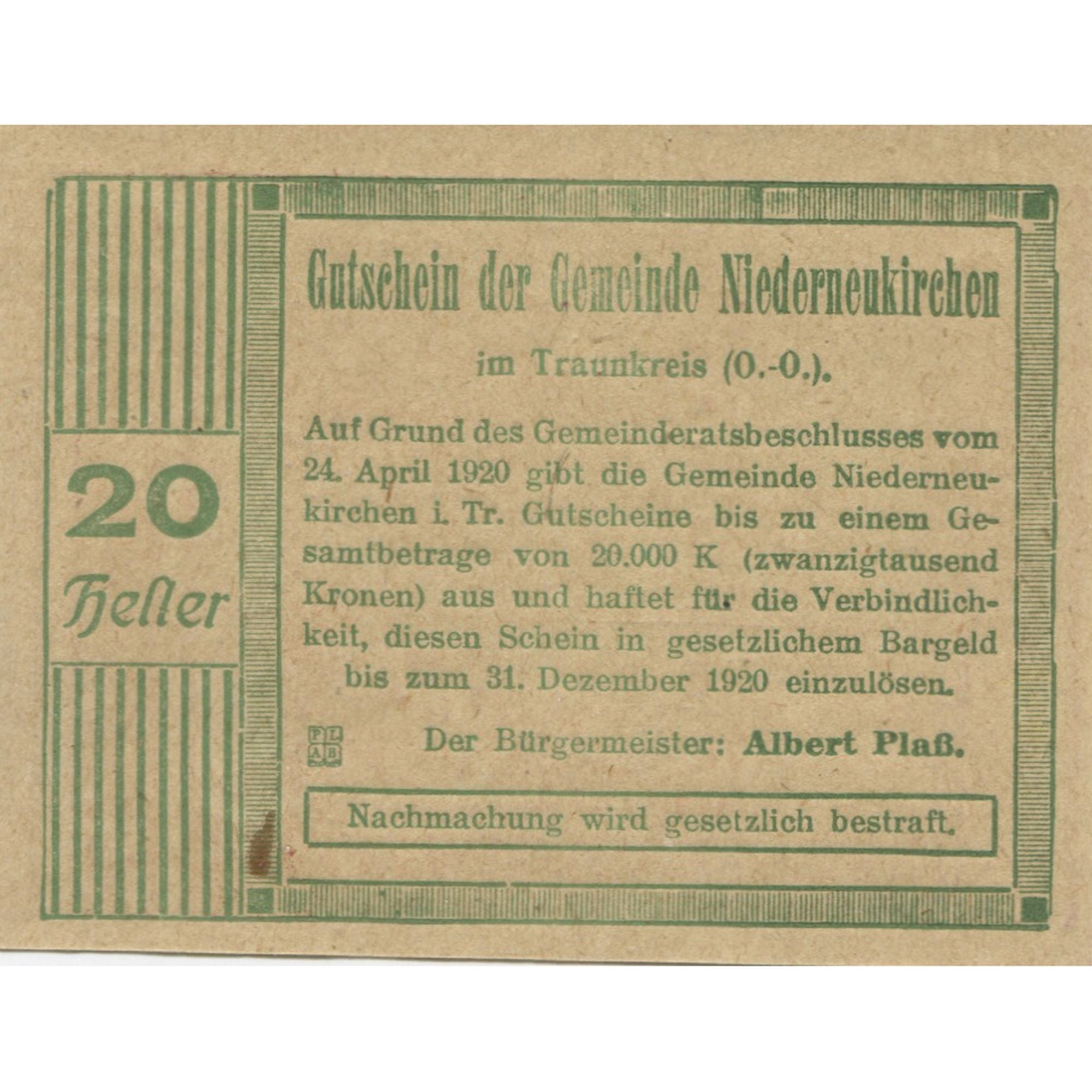 Banknote, Austria, Niederneukirchen, 20 Heller, Eglise 1920 UNC(63) Mehl:FS 670a