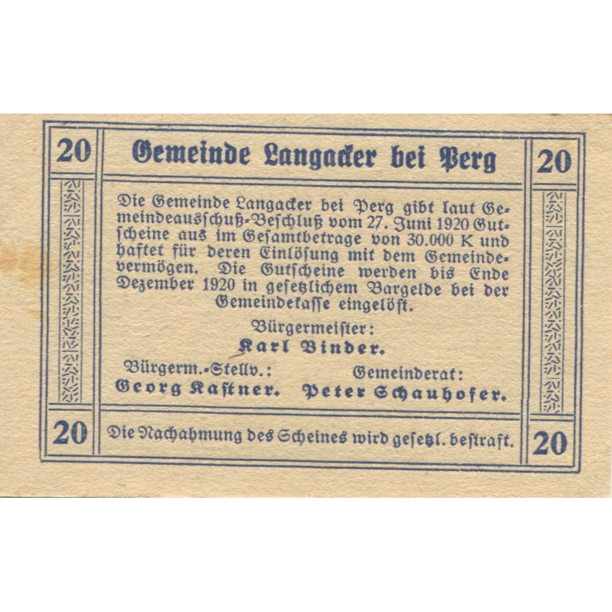 Billete, Austria, Langacker, 20 Heller, château 1920-12-31, SC, Mehl:FS 500a