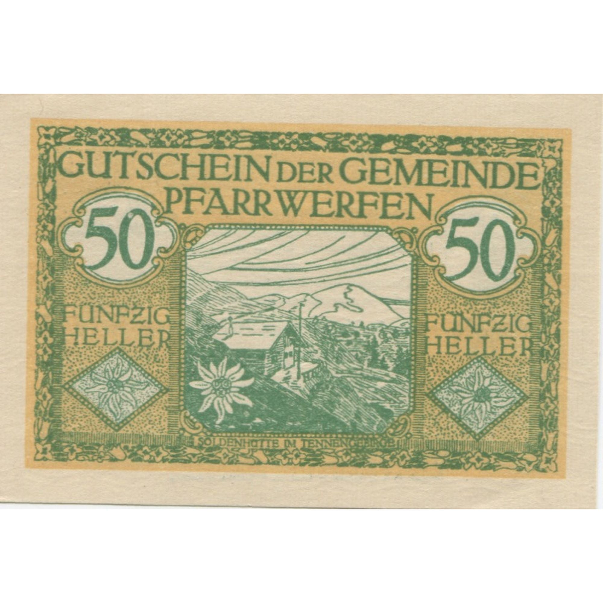 Banknote, Austria, Pfarrwerfen, 50 Heller, montagne, 1920 UNC(63) Mehl:FS 745b
