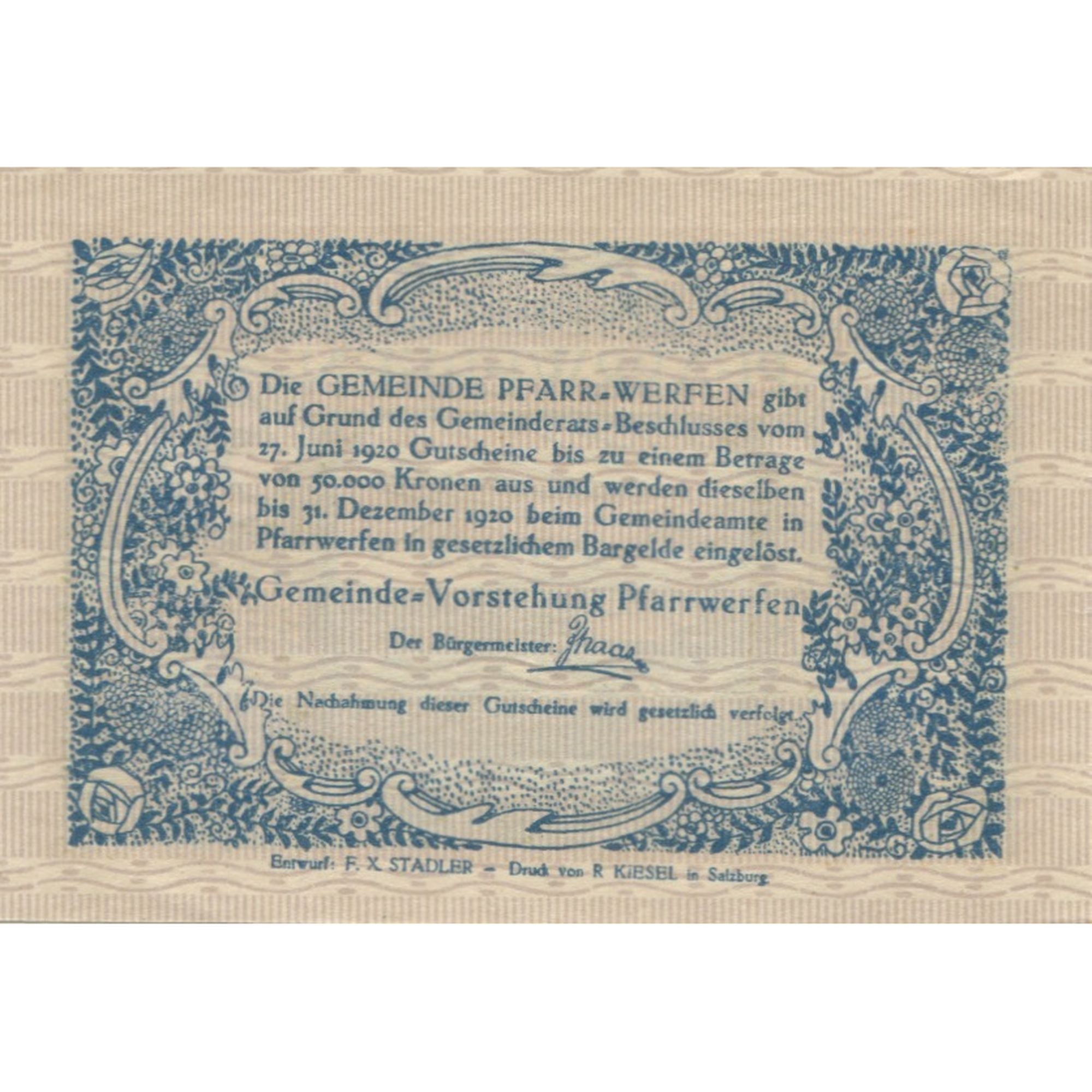 Banknote, Austria, Pfarrwerfen, 50 Heller, montagne, 1920 UNC(63) Mehl:FS 745b