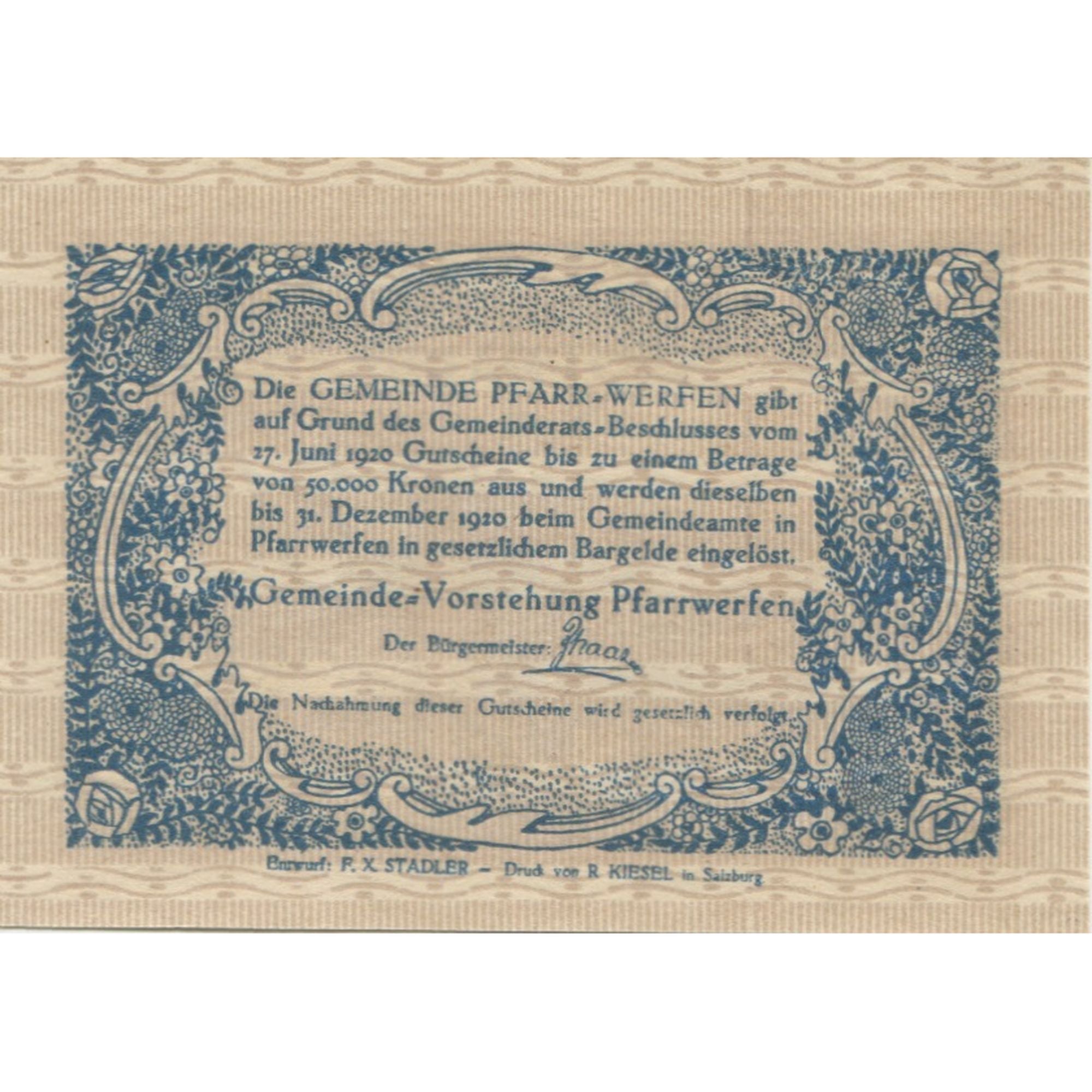 Banknote, Austria, Pfarrwerfen, 80 Heller, village 1920 UNC(63) Mehl:FS 745b