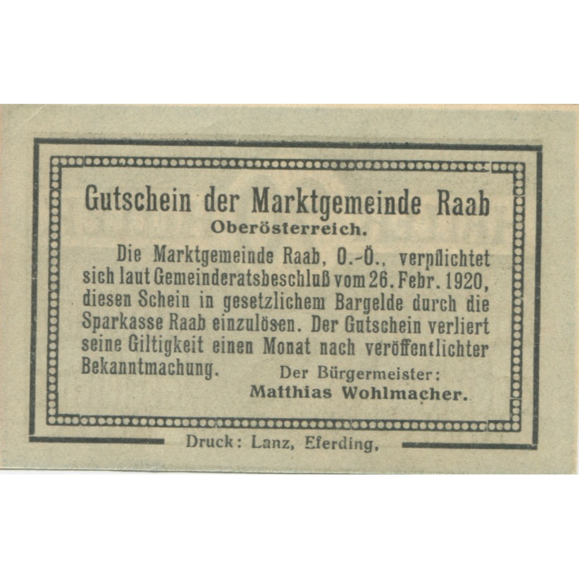 Banknote, Austria, Raab, 20 Heller, Texte, 1920, UNC(63), Mehl:FS 805Ia