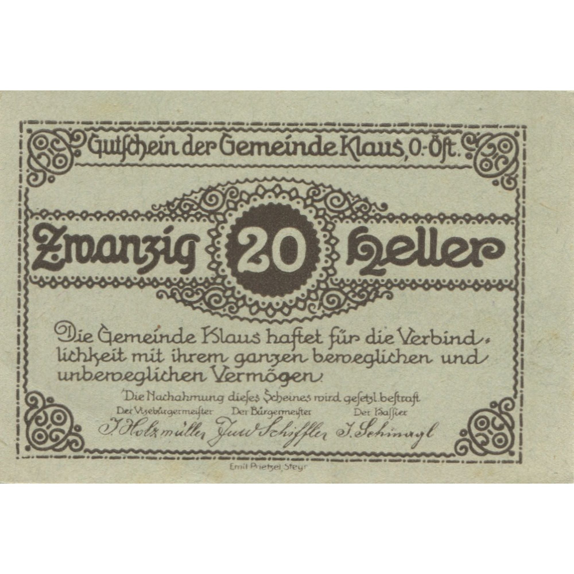 Banknote, Austria, Klaus, 20 Heller, château 1920-03-27, UNC(63) Mehl:FS 454II