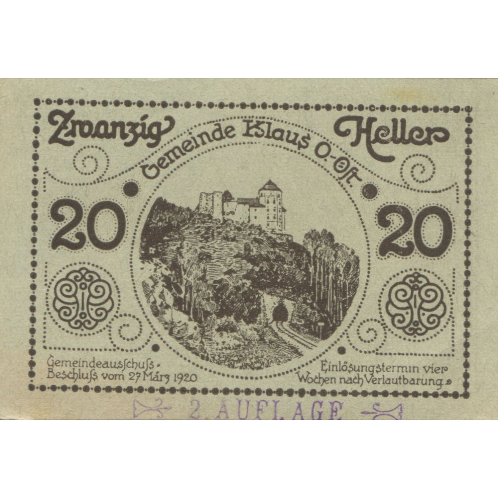 Banknote, Austria, Klaus, 20 Heller, château 1920-03-27, UNC(63) Mehl:FS 454II