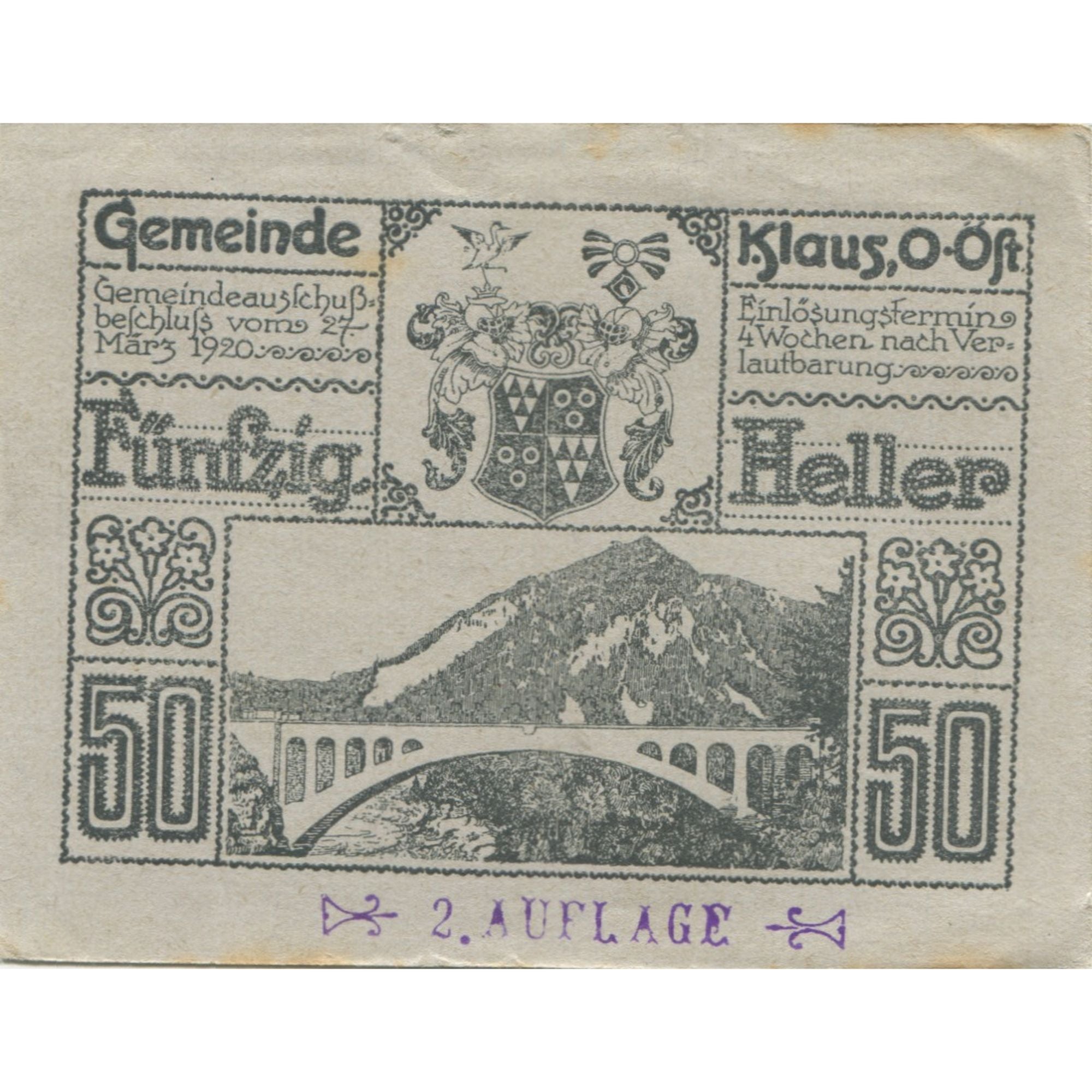 Banknote, Austria, Klaus, 50 Heller, Texte 1920-03-27, UNC(63) Mehl:FS 454II