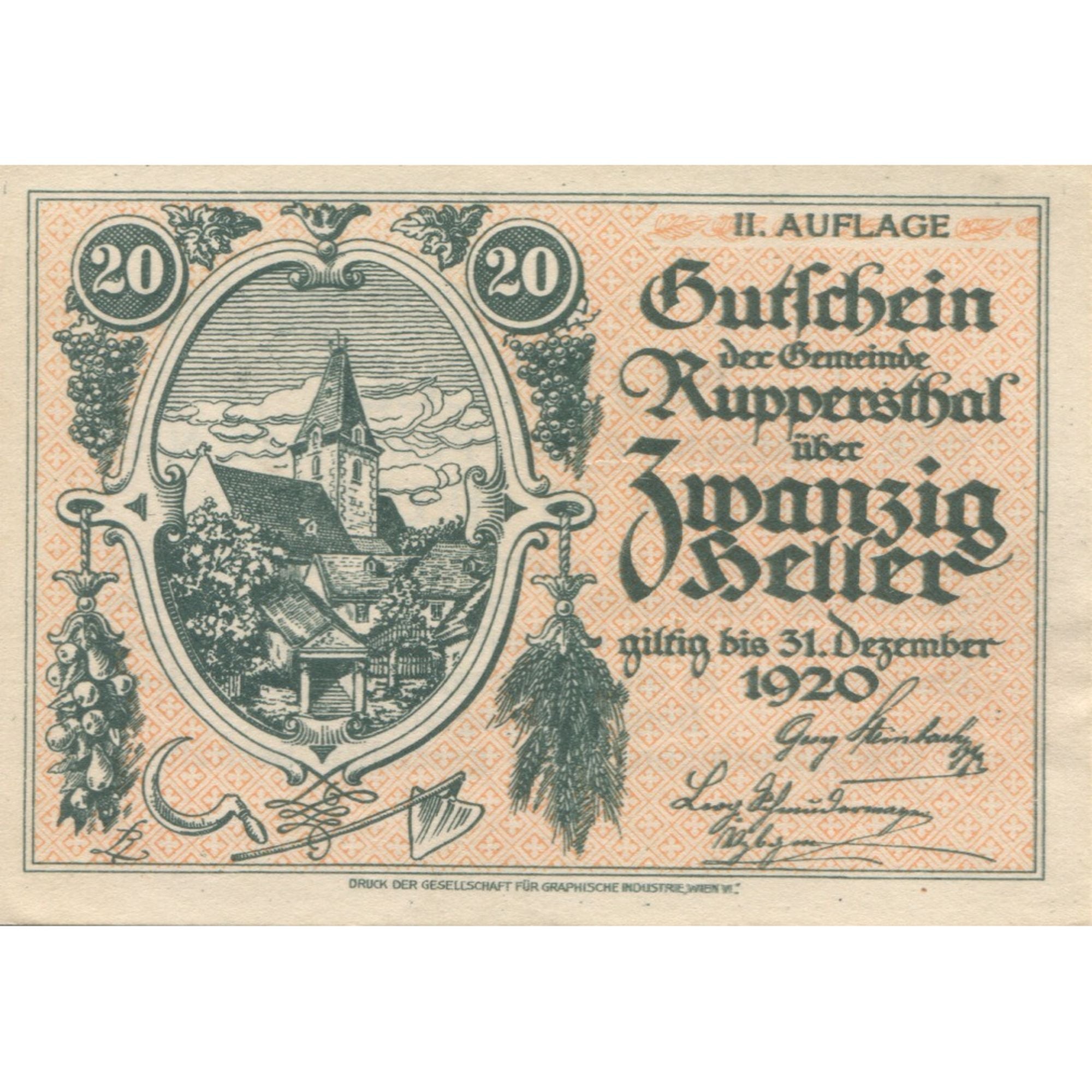 Banknote, Austria, Ruppersthal, 20 Heller, village, 1920 UNC(63) Mehl:FS 854a