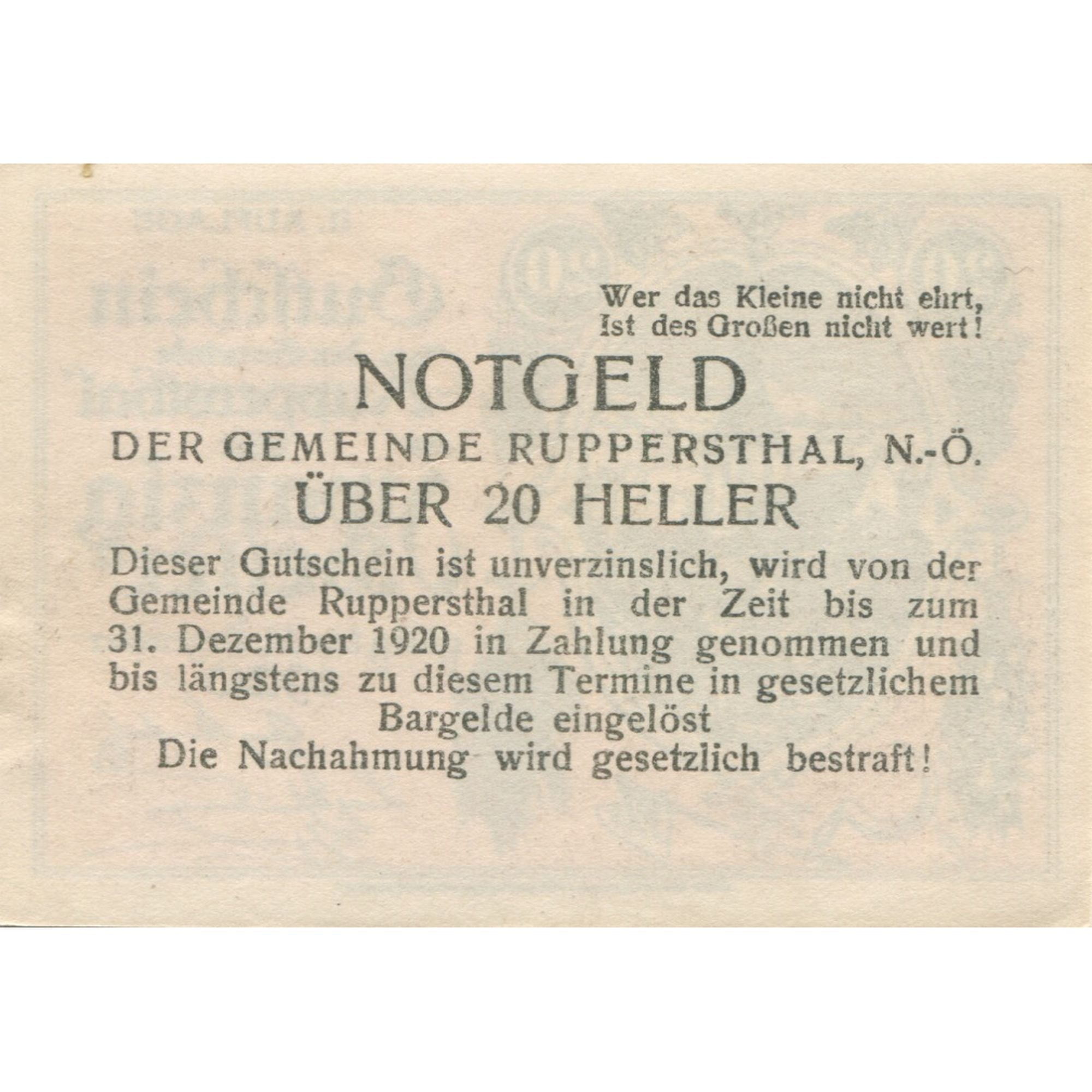 Banknote, Austria, Ruppersthal, 20 Heller, village, 1920 UNC(63) Mehl:FS 854a