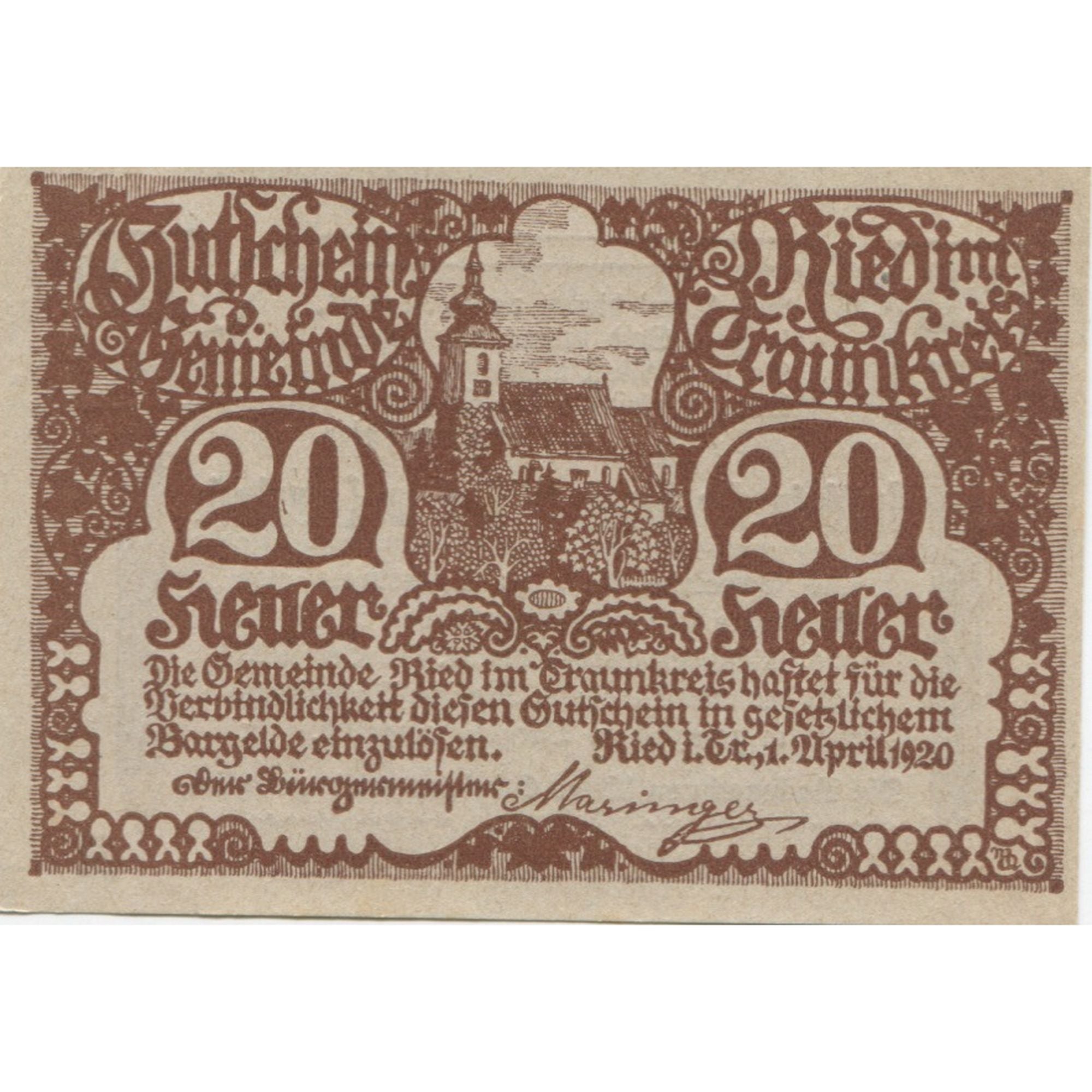 Banknote, Austria, Ried, 20 Heller, village 1920-10-31, UNC(63), Mehl:FS 836Ib