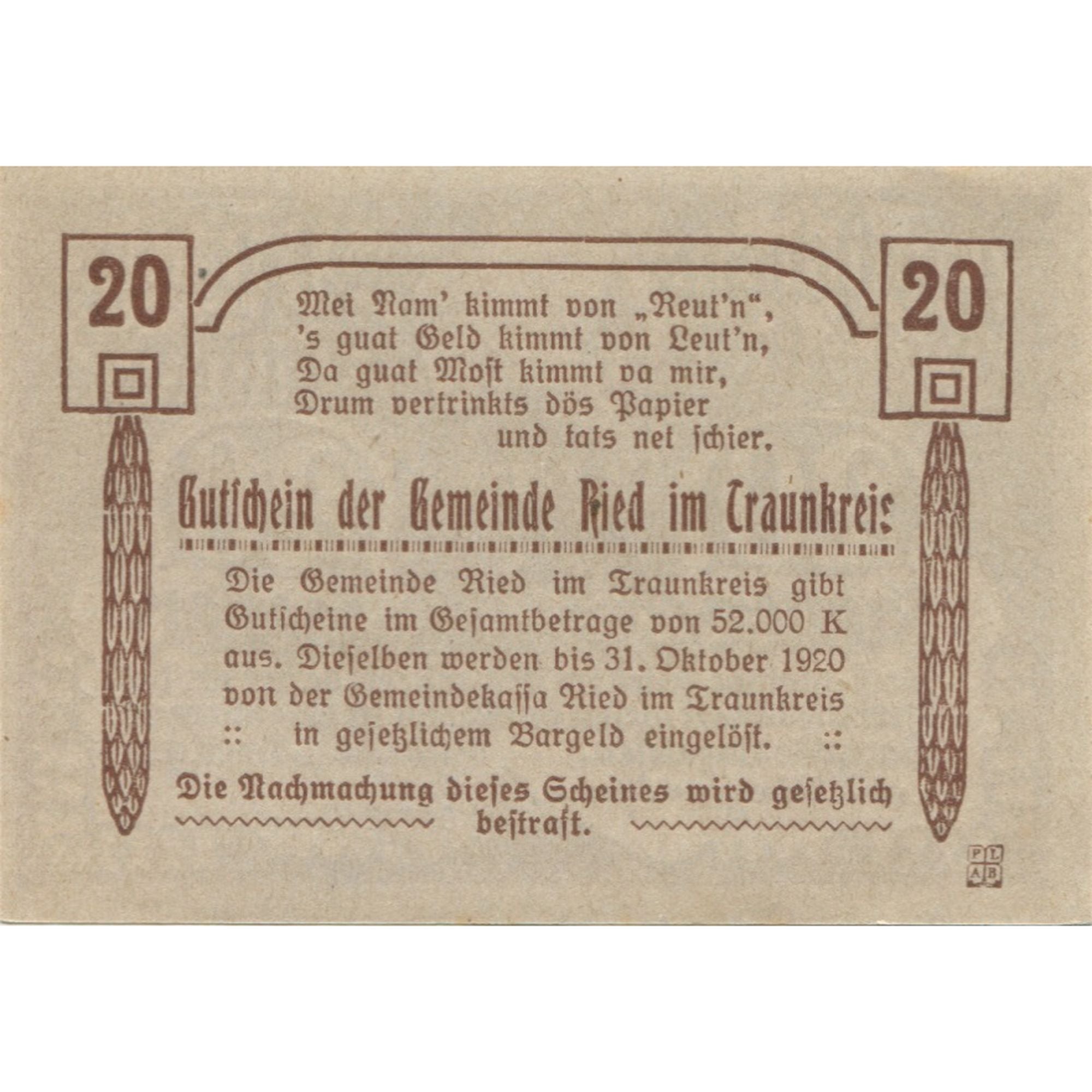 Banknote, Austria, Ried, 20 Heller, village 1920-10-31, UNC(63), Mehl:FS 836Ib