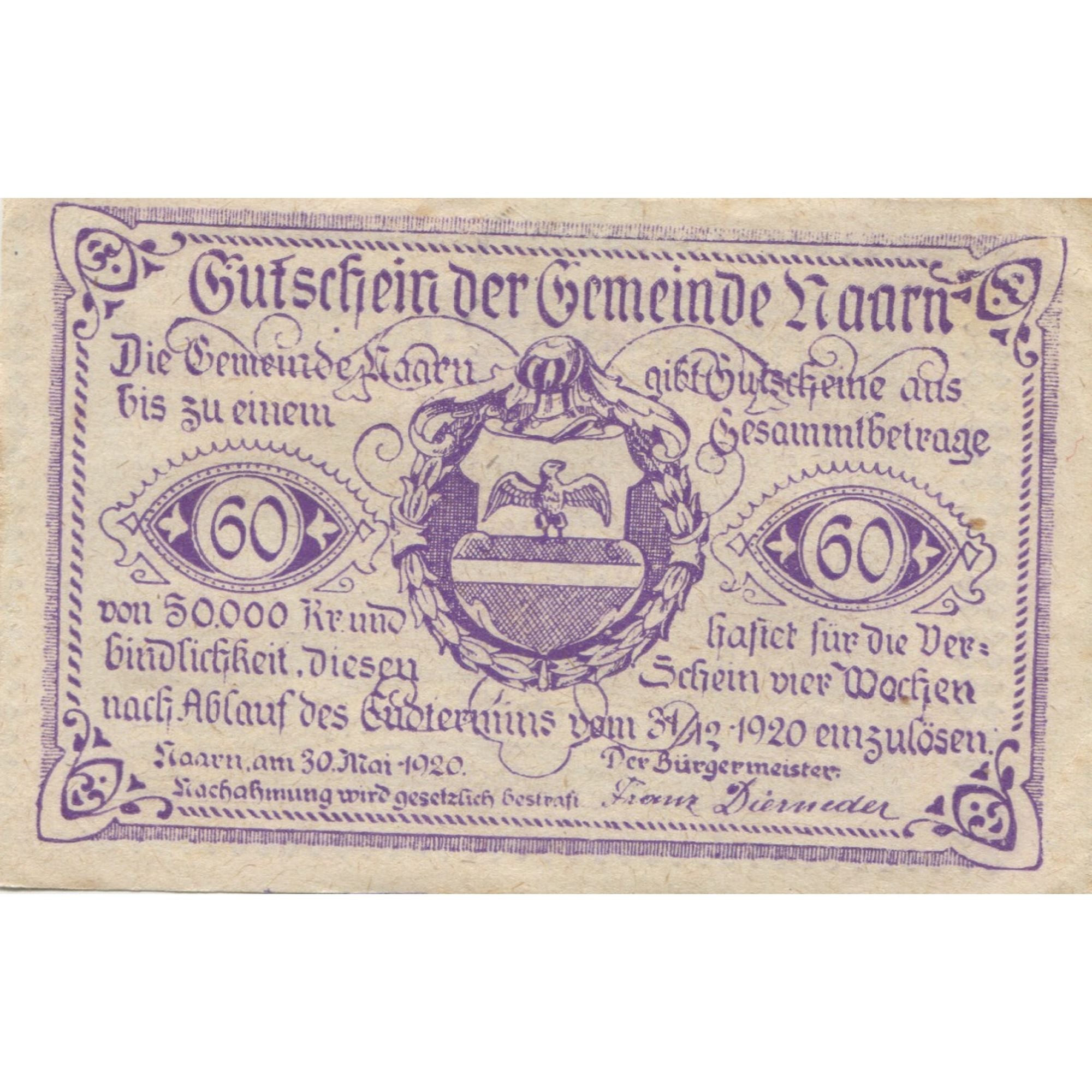 Billet, Autriche, Naarn, 60 Heller, Blason, 1920, 1920-12-31, SUP, Mehl:FS 642a