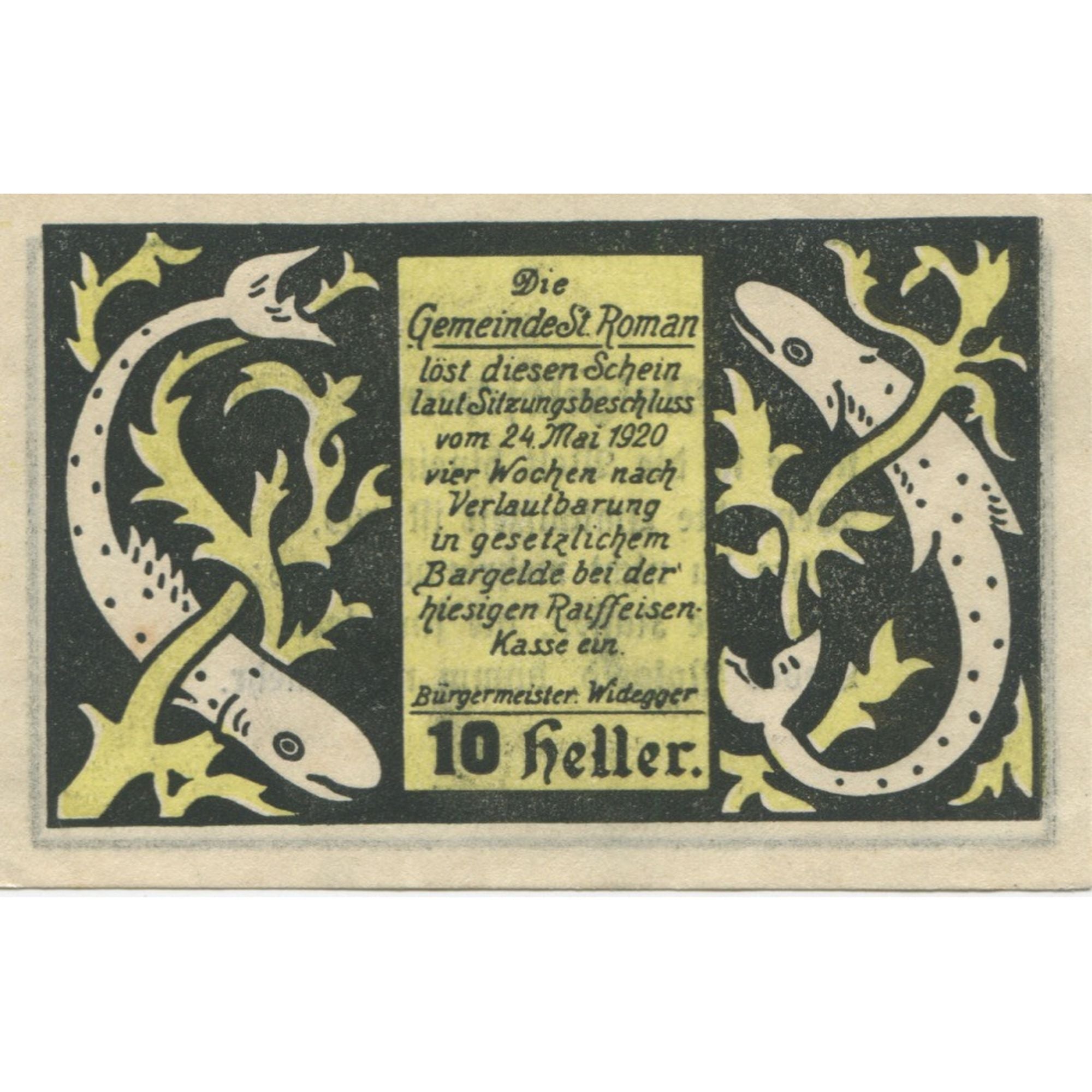 Banknote, Austria, St Roman, 10 Heller, poisson, 1920, UNC(63), Mehl:FS 935a