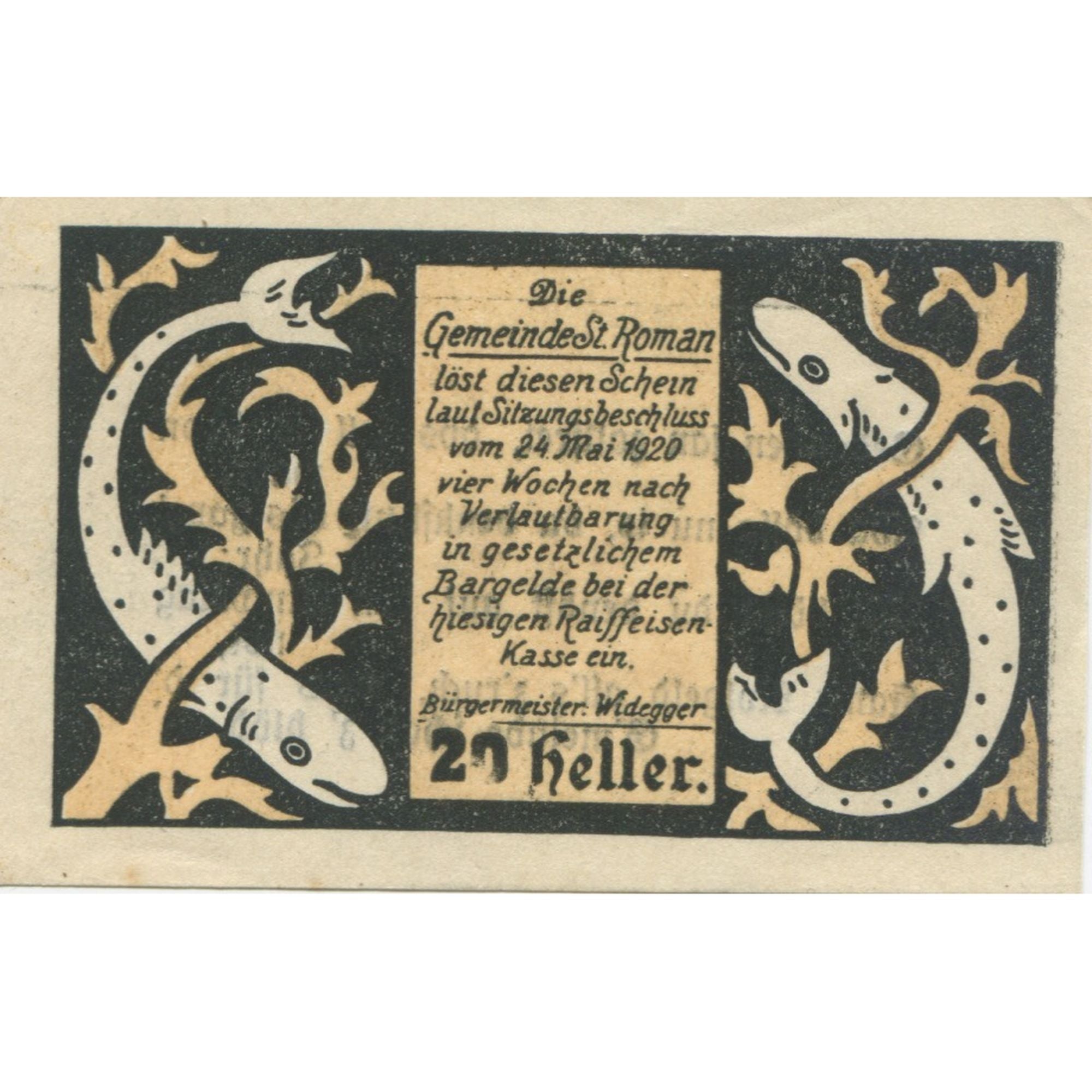 Banknote, Austria, St Roman, 20 Heller, Poisson 1, 1920, UNC(63), Mehl:FS 935a