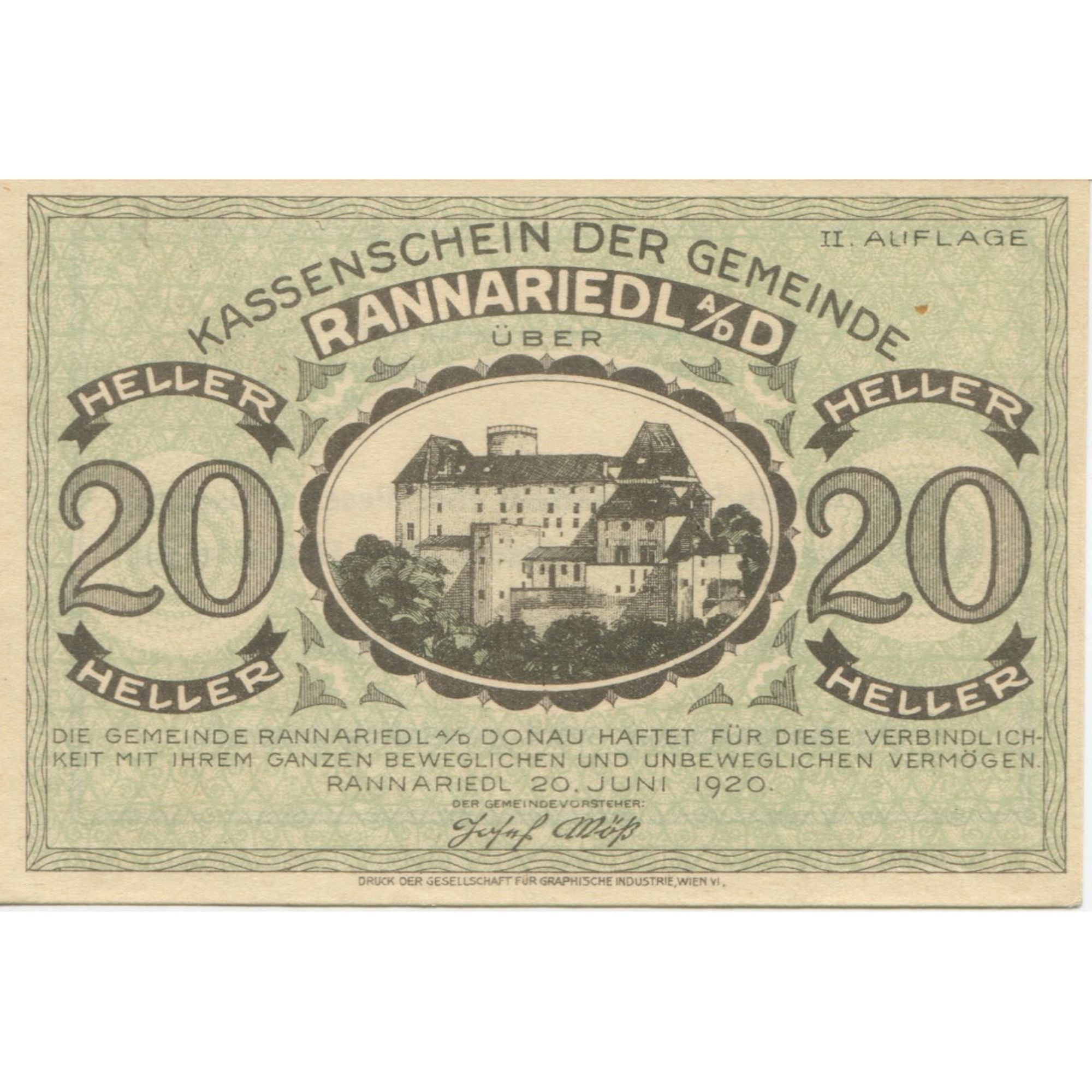 Billet, Autriche, Rannariedl, 20 Heller, château 1920-12-31, SPL Mehl:FS 818c
