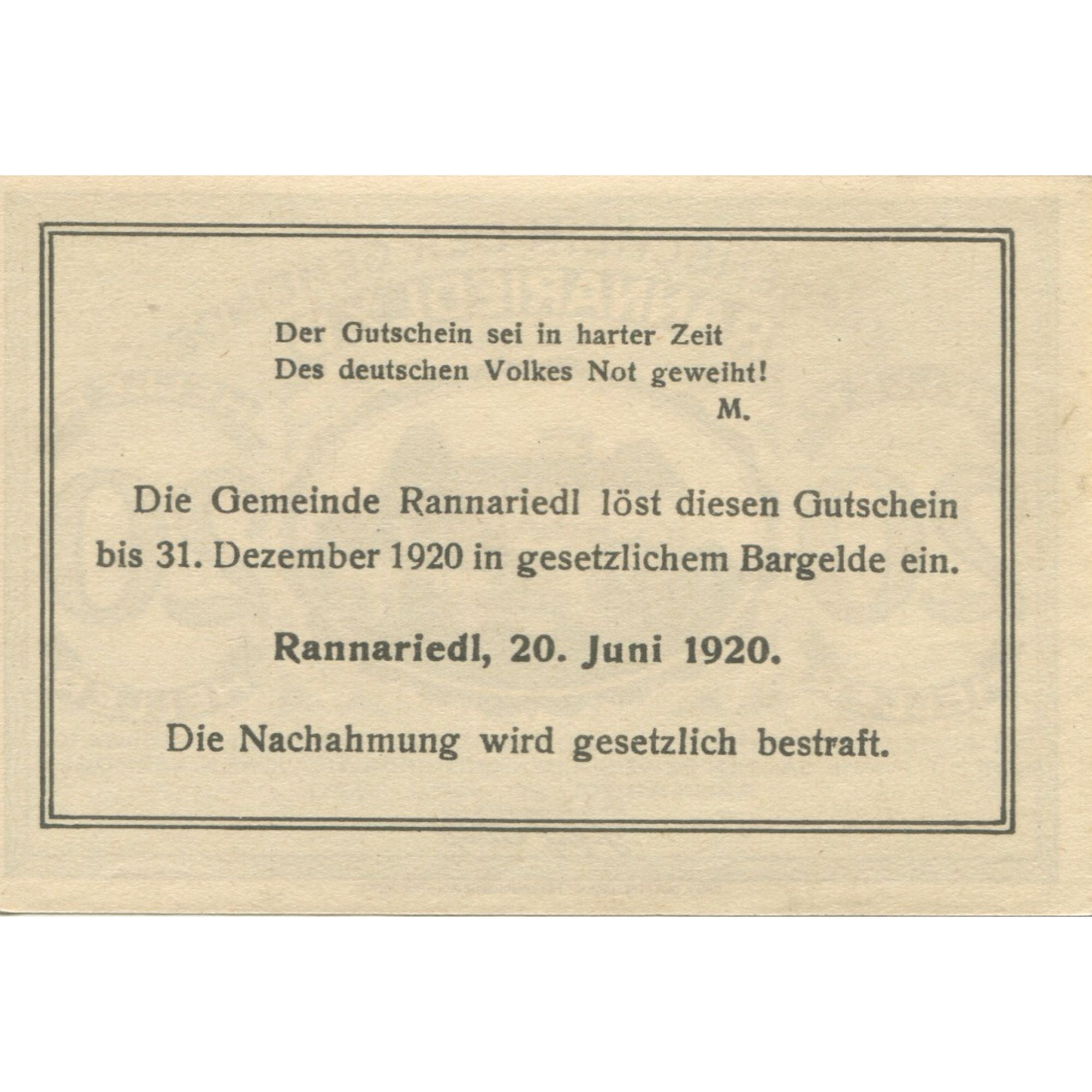 Billet, Autriche, Rannariedl, 20 Heller, château 1920-12-31, SPL Mehl:FS 818c