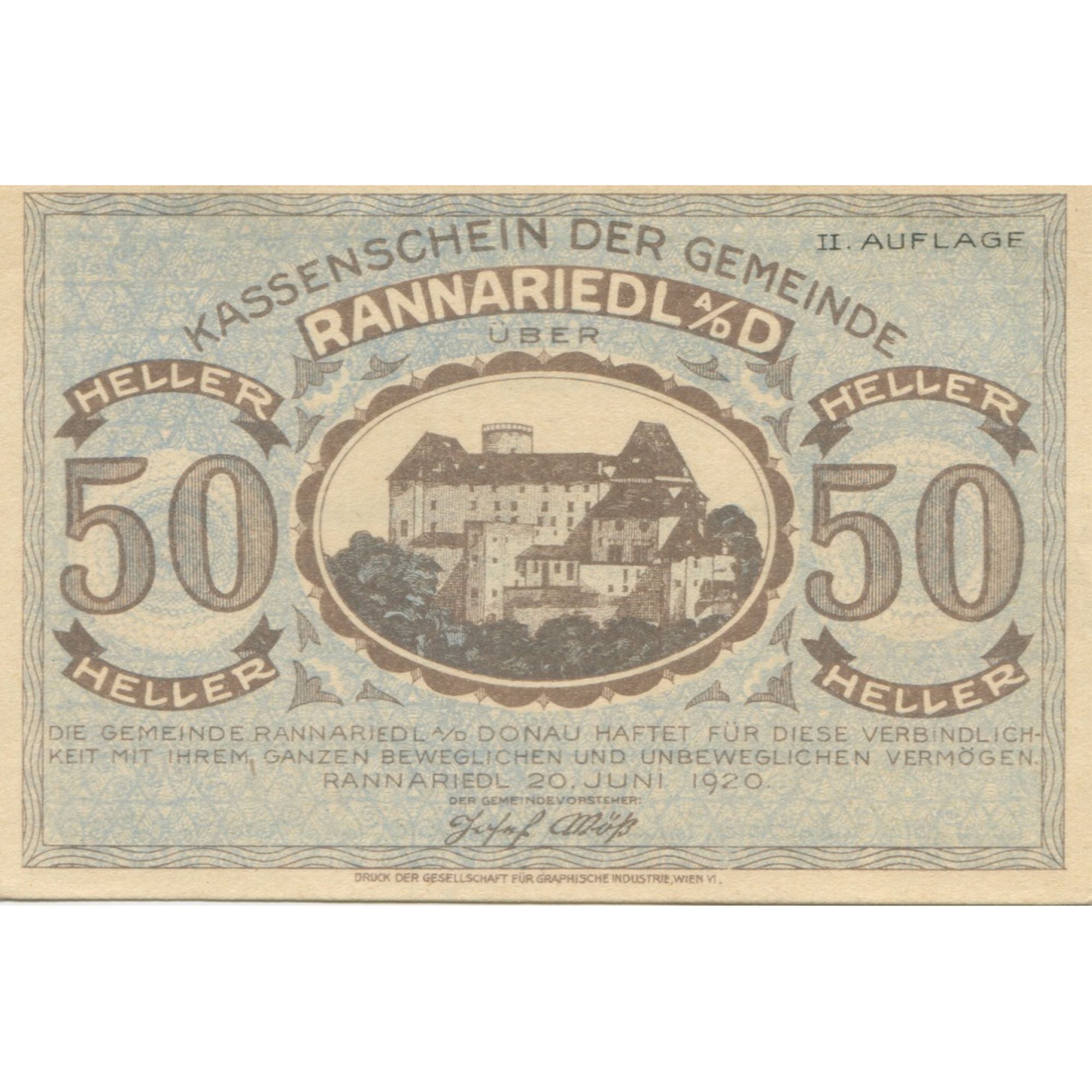 Banknote, Austria, Rannariedl, 50 Heller, château, 1920, 1920-12-31, UNC(63)