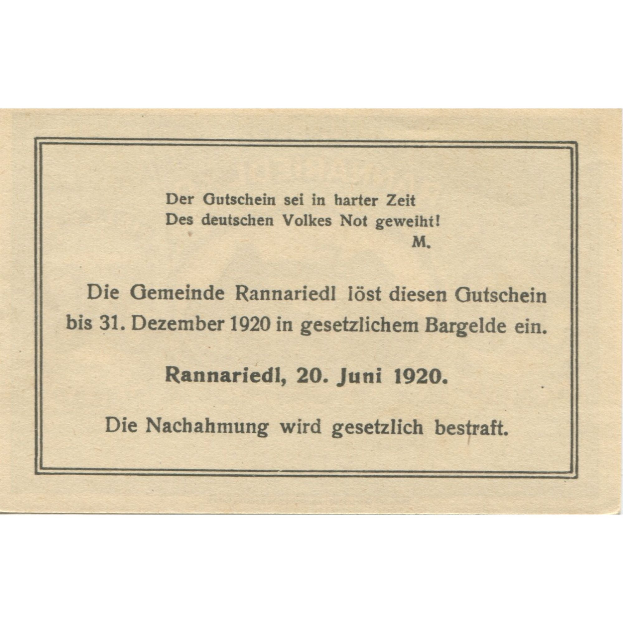 Banknote, Austria, Rannariedl, 50 Heller, château, 1920, 1920-12-31, UNC(63)