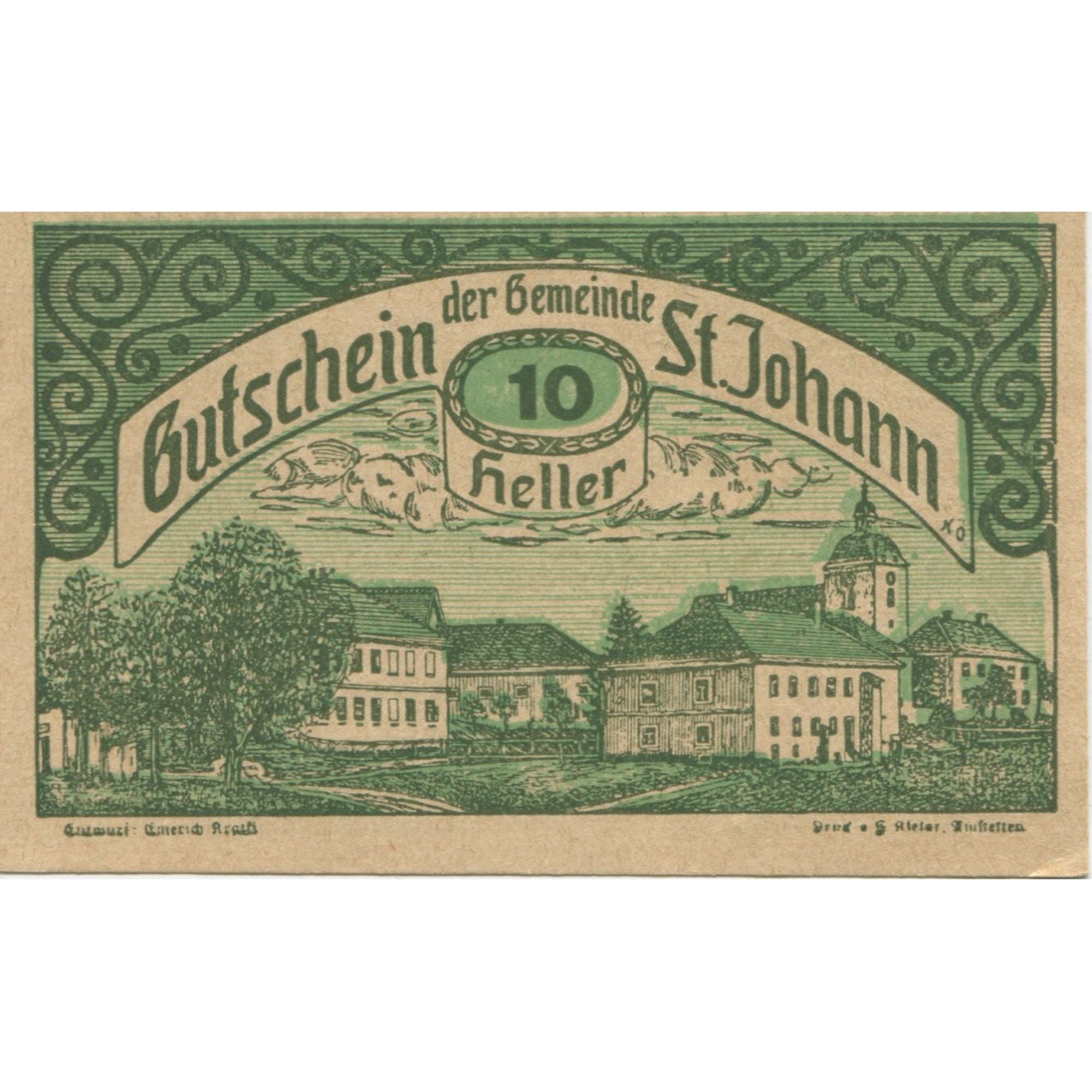 Banknote, Austria, St Johann, 10 Heller, village, 1920 UNC(63) Mehl:FS 897a