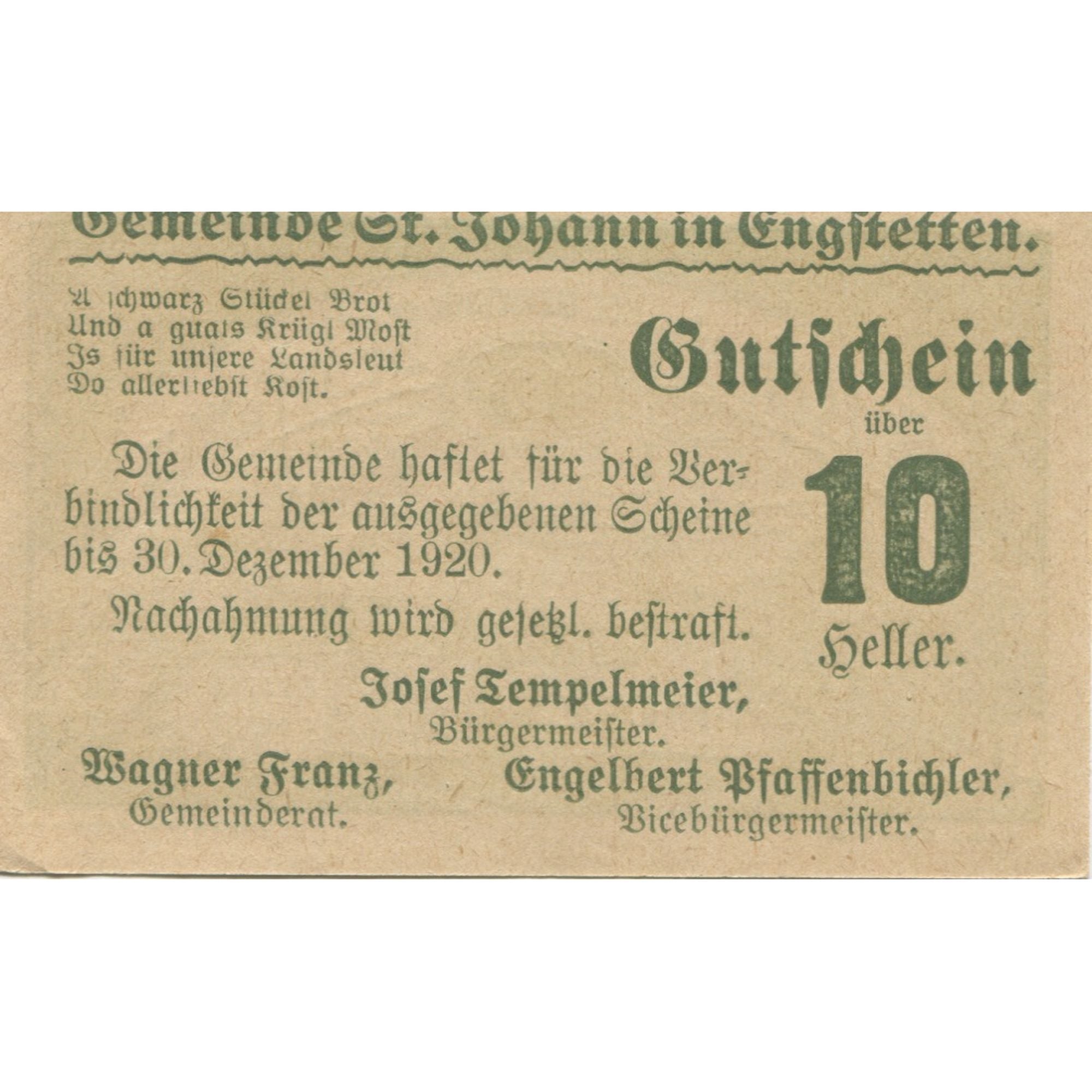 Banknote, Austria, St Johann, 10 Heller, village, 1920 UNC(63) Mehl:FS 897a