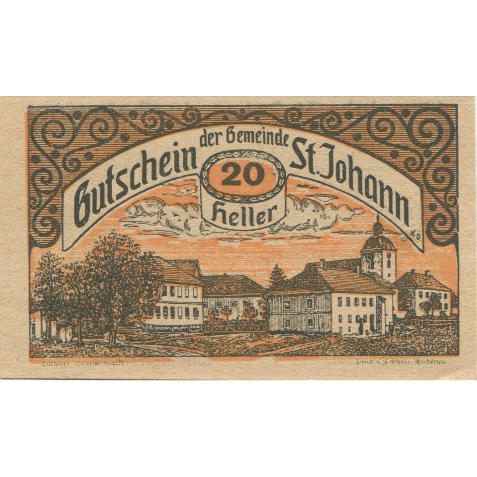 Banknote, Austria, St Johann, 20 Heller, Eglise, 1920 UNC(63) Mehl:FS 897a