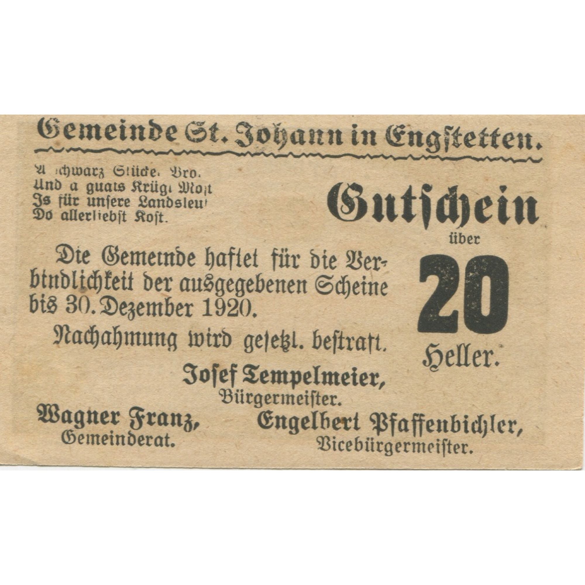 Banknote, Austria, St Johann, 20 Heller, Eglise, 1920 UNC(63) Mehl:FS 897a
