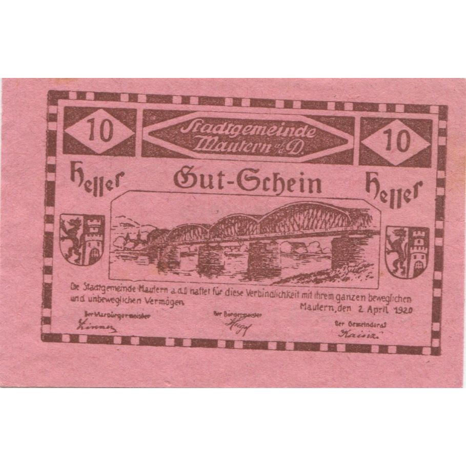 Nota, Áustria, Mautern, 10 Heller, pont 1920-12-31, UNC(63) Mehl:FS 600IAa