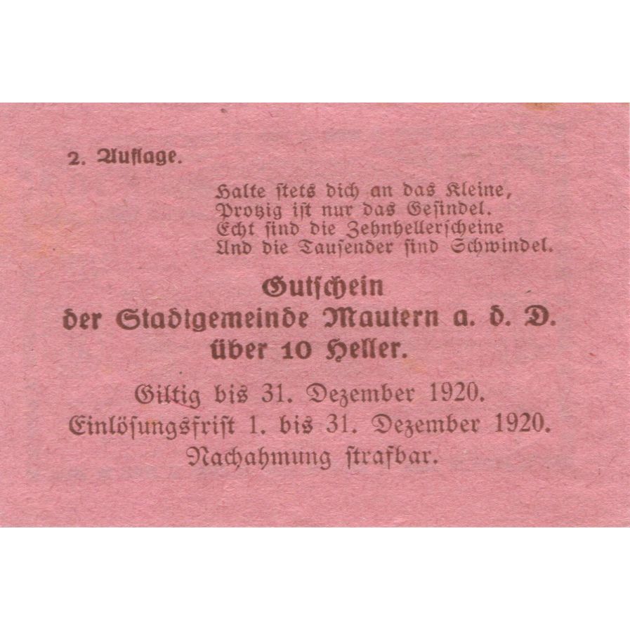 Nota, Áustria, Mautern, 10 Heller, pont 1920-12-31, UNC(63) Mehl:FS 600IAa