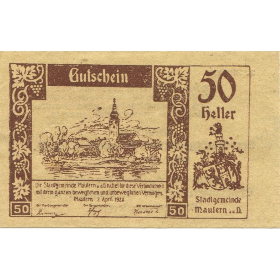Banknote, Austria, Mautern, 50 Heller, paysage, 1920 UNC(63) Mehl:FS 600IAa