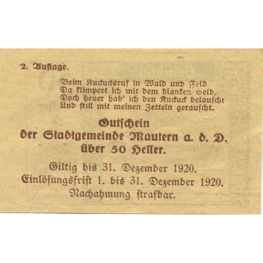 Banknote, Austria, Mautern, 50 Heller, paysage, 1920 UNC(63) Mehl:FS 600IAa