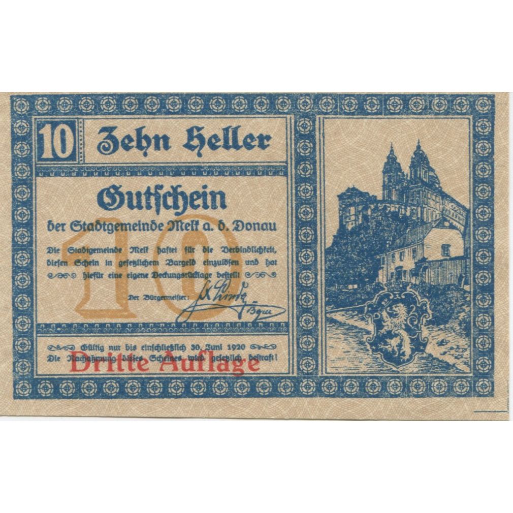 Banknote, Austria, Melk, 10 Heller, château 1920-06-30, UNC(63), Mehl:FS 605If