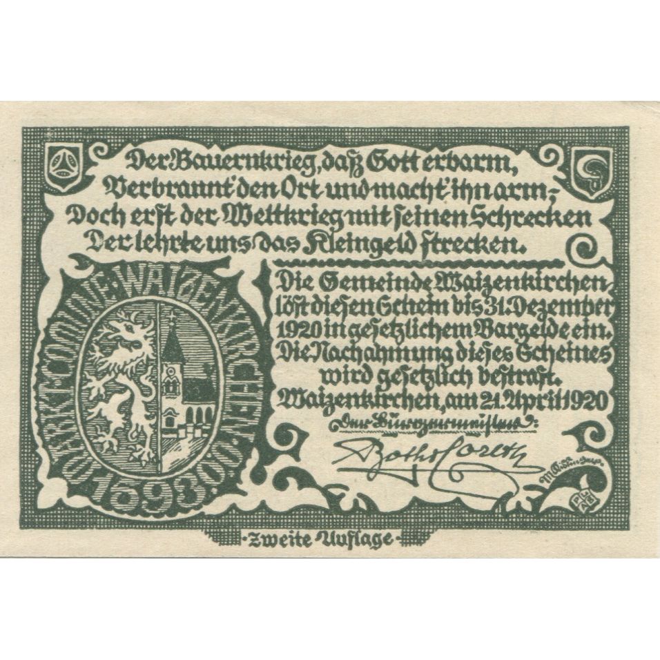 Banconote, Austria, Waizenkirchen 10Heller, Blason 1920-12-31, SPL Mehl:FS 1128b