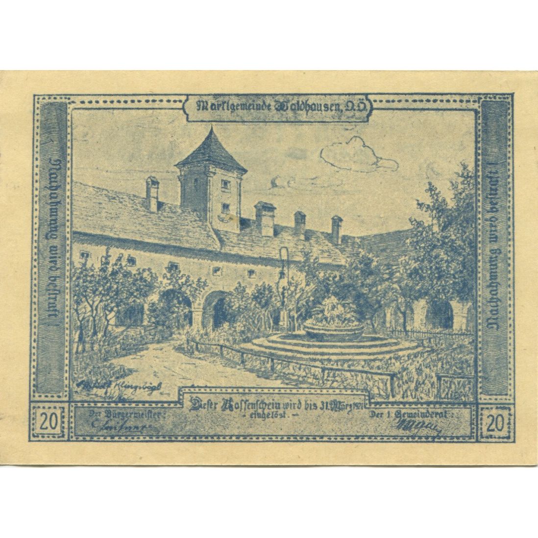 Billet, Autriche, Waldhausen, 20 Heller, jardin 1921-03-31, SPL, Mehl:FS 1131