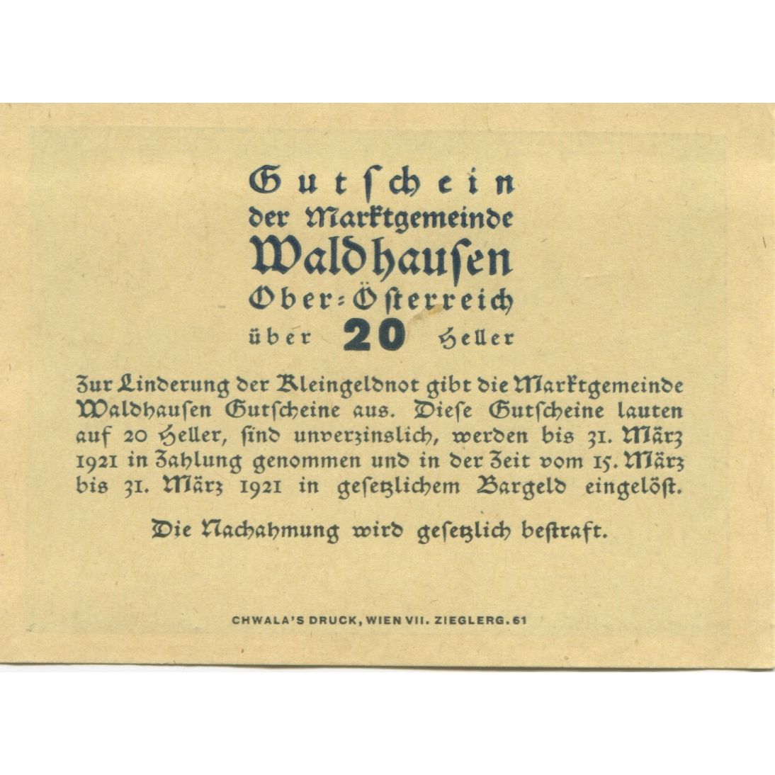 Billet, Autriche, Waldhausen, 20 Heller, jardin 1921-03-31, SPL, Mehl:FS 1131