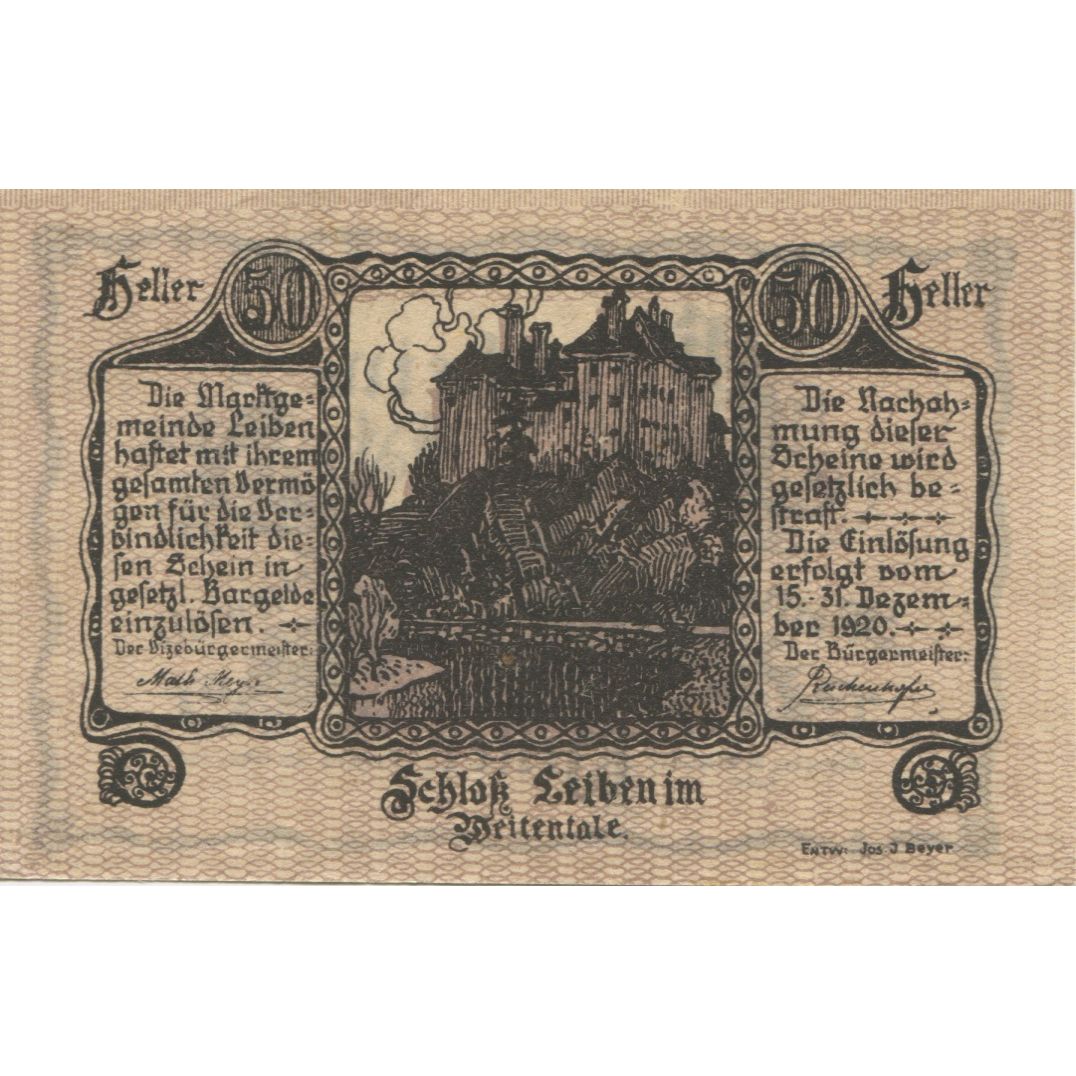Banknote, Austria, Leiben, 50 Heller, château, 1920 UNC(63) Mehl:FS 509