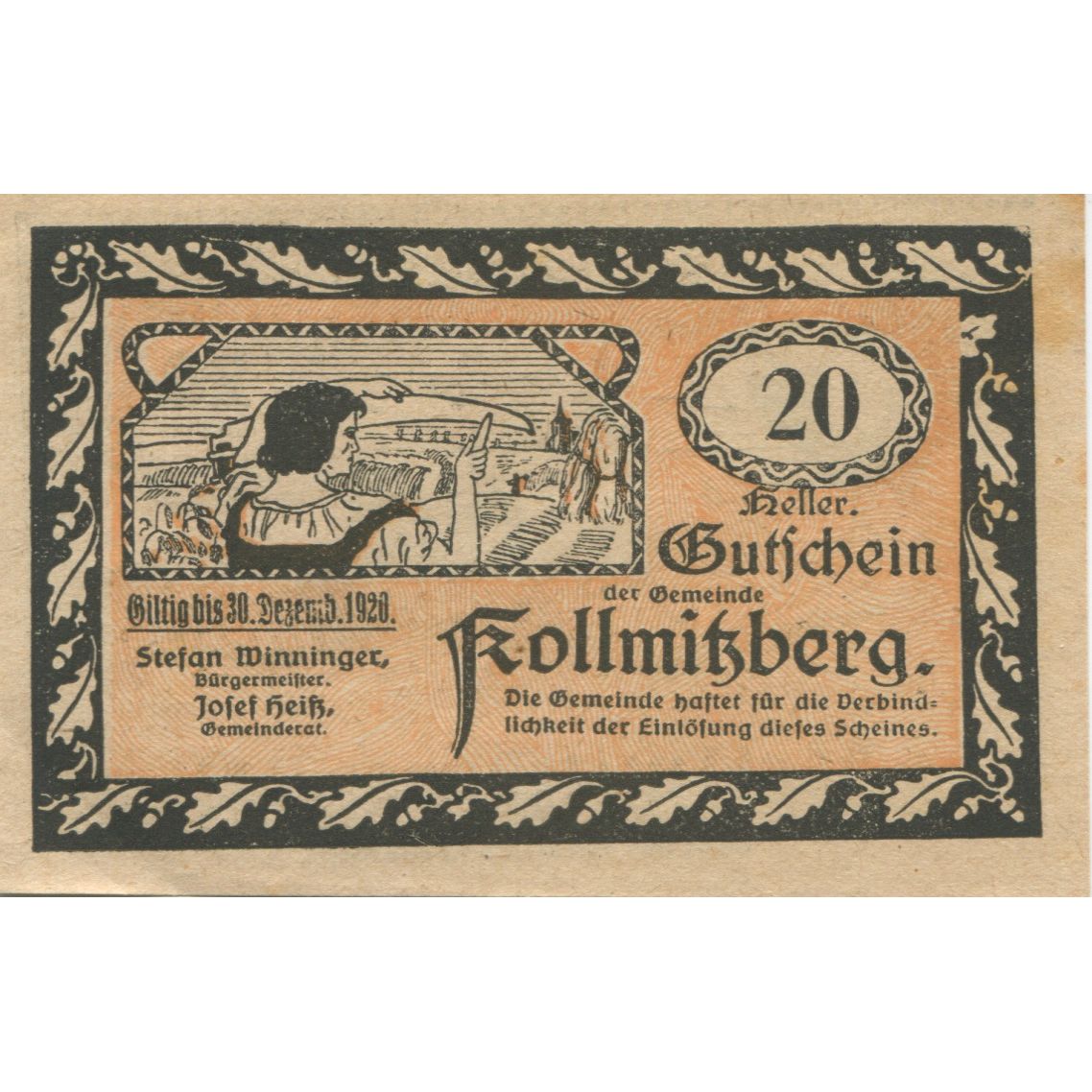 Biljet, Oostenrijk, Kollmitzberg, 20 Heller, champs 1920-12-31, SUP Mehl:FS 462a