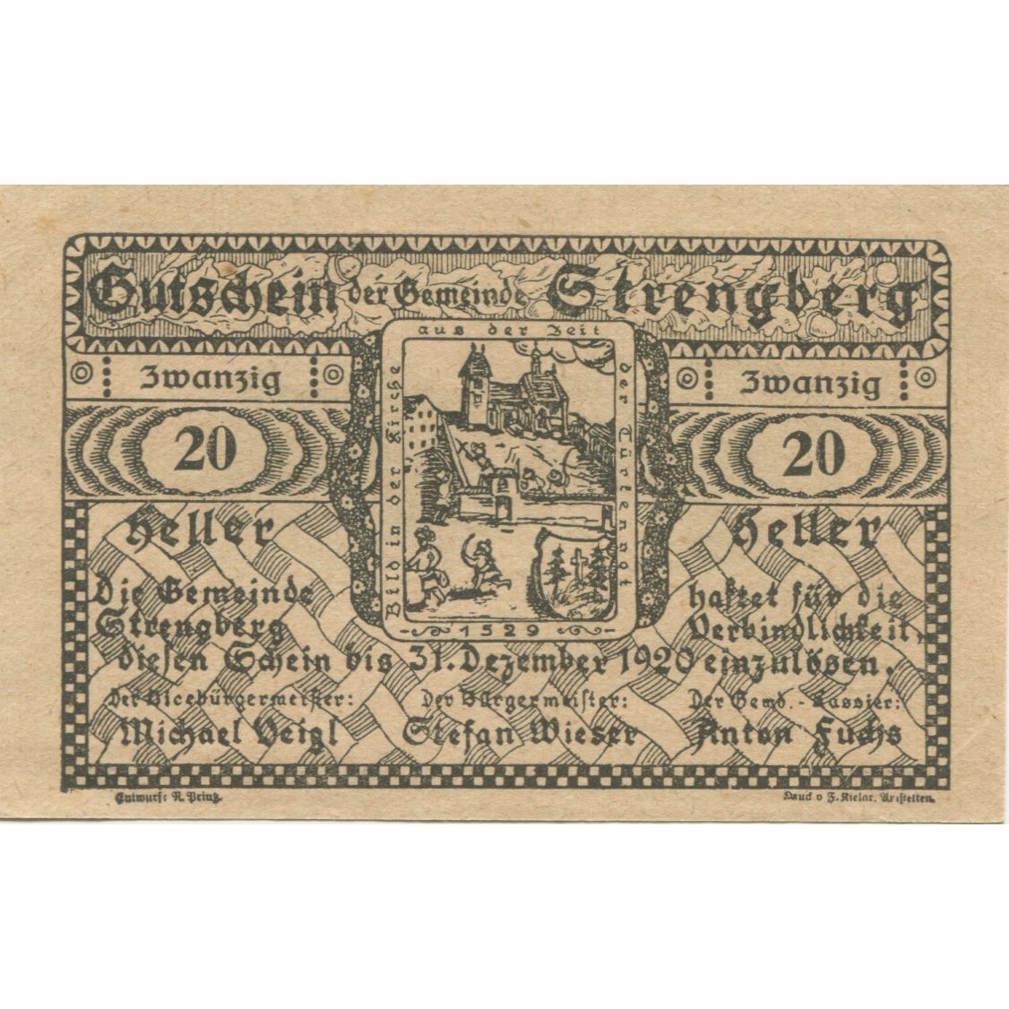 Banknote, Austria, Strengberg, 20 Heller, village, 1920, UNC(63) Mehl:FS 1049a