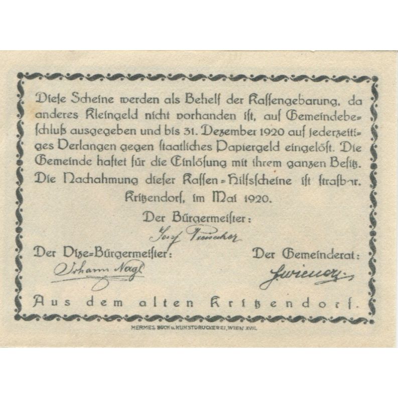 Billet, Autriche, Kritzendorf, 20 Heller, personnage 1920-12-31 SPL Mehl:FS 484a