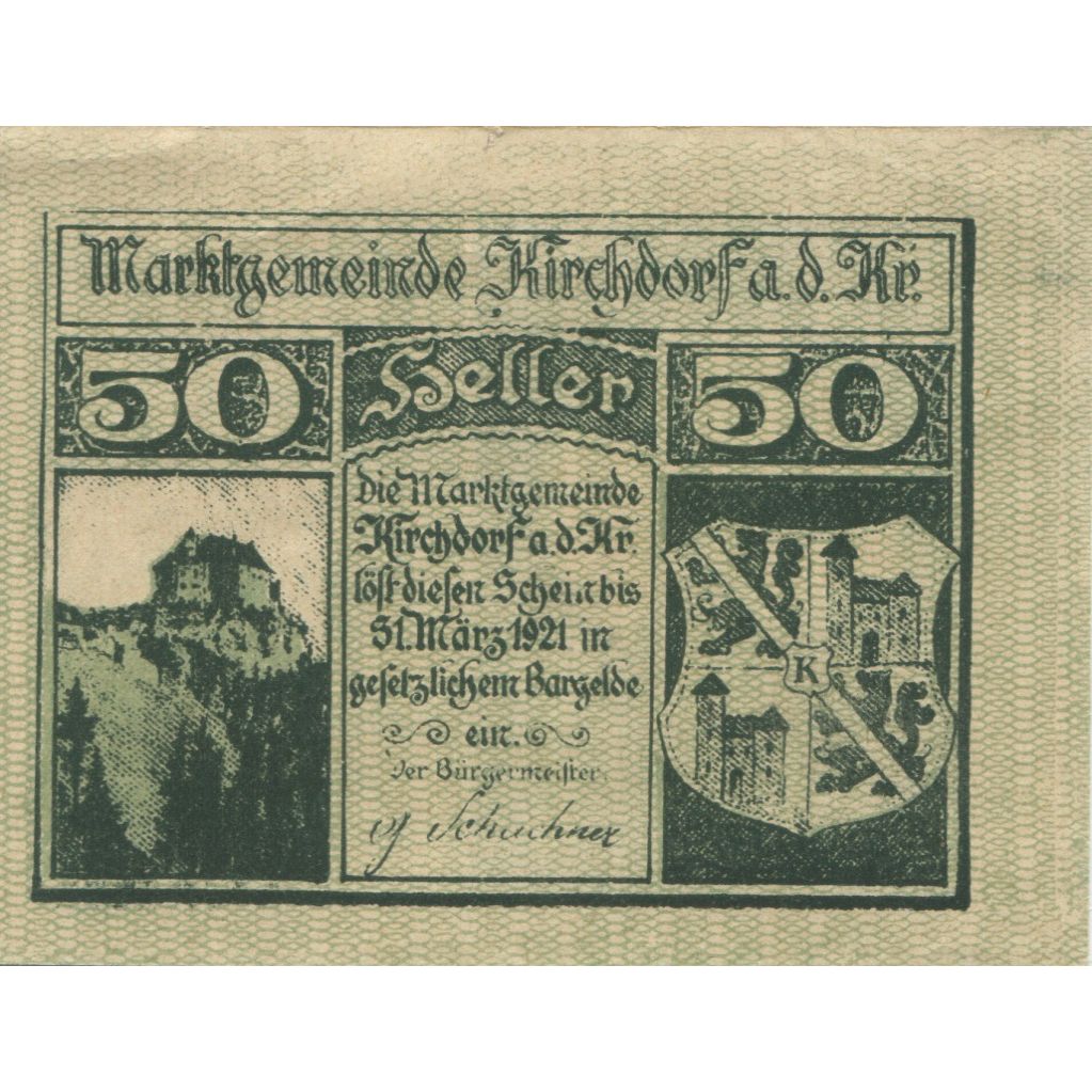 Banknote, Austria, Kirchdorf, 50 Heller, Blason, 1921 UNC(63) Mehl:FS 445Ib