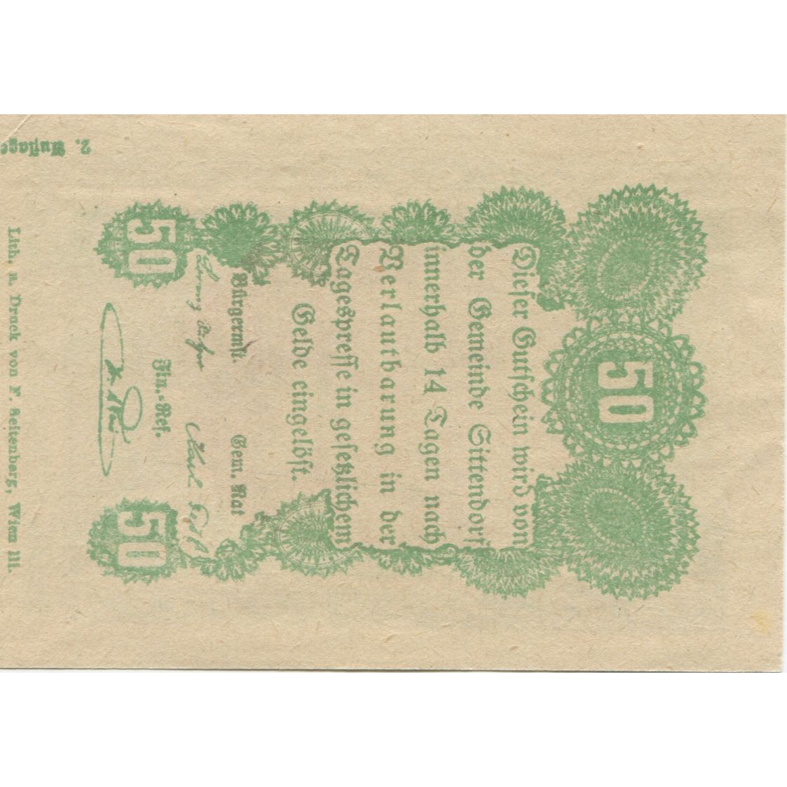 Banknote, Austria, Sittendorf, 50 Heller, château, 1920, UNC(63), Mehl:FS 1001a