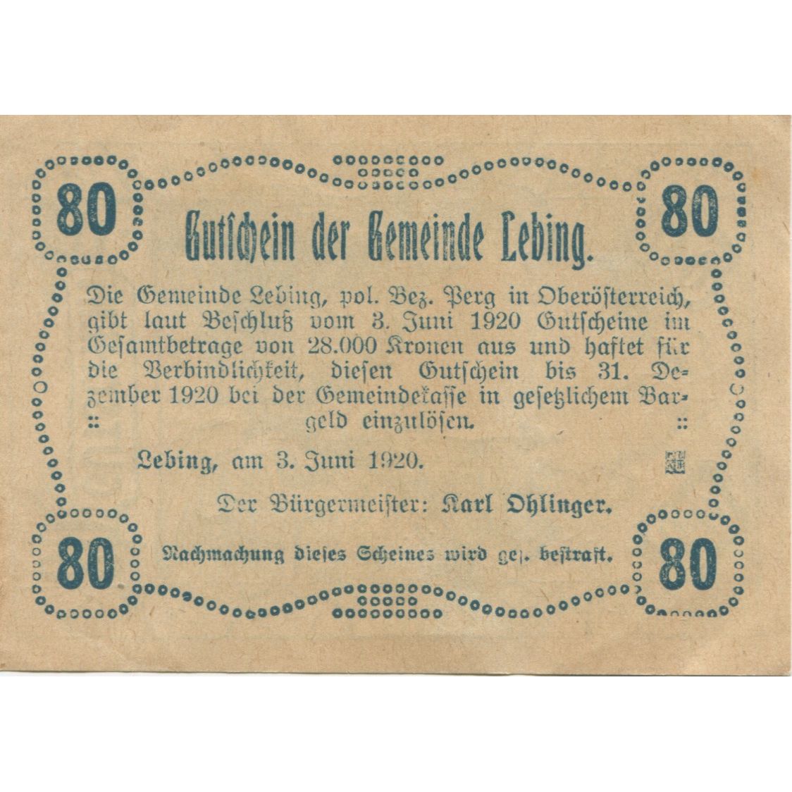 Banknote, Austria, Lebing, 80 Heller, sapin, 1920 UNC(60-62) Mehl:FS 508a