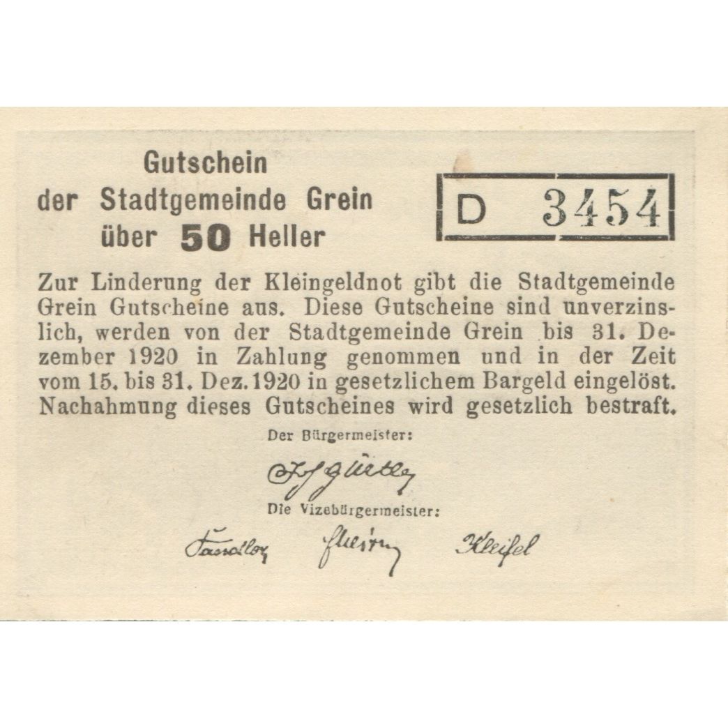Nota, Áustria, Grein, 50 Heller, village 1920-12-31, UNC(63), Mehl:FS 276IIc
