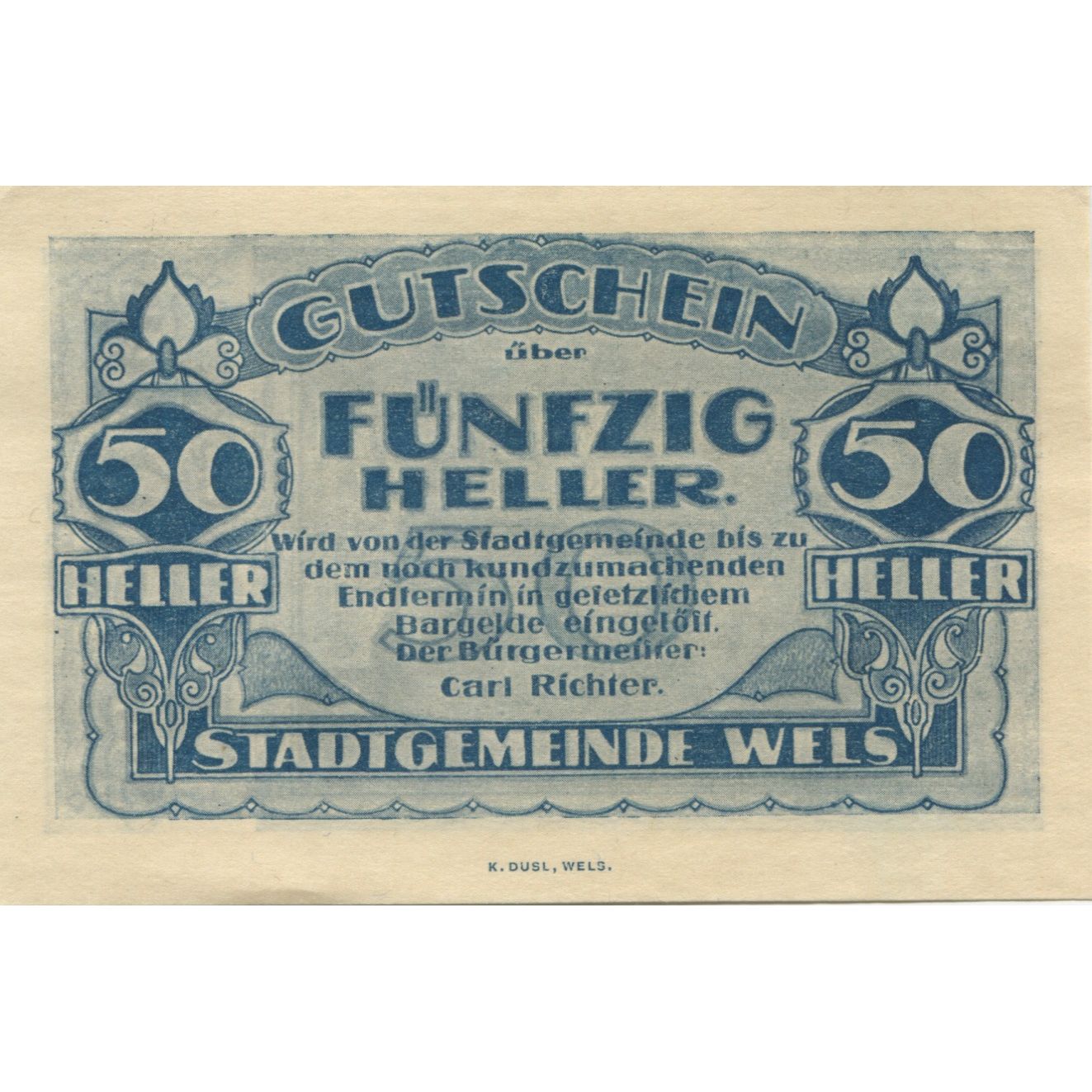 Banknote, Austria, Wels, 50 Heller, mairie, 1920, UNC(63), Mehl:FS 1167II