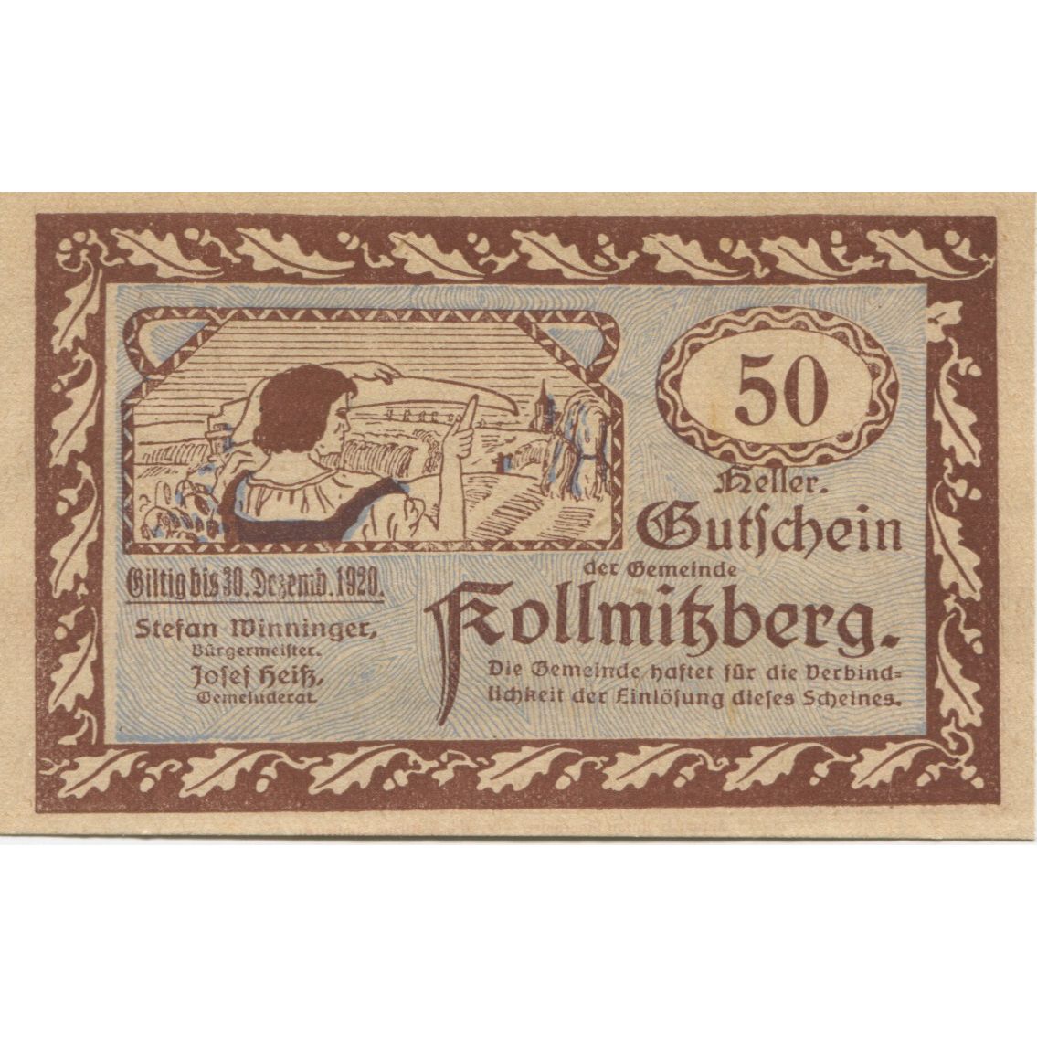 Banknote, Austria, Kollmitzberg, 50 Heller, Eglise, 1920 UNC(63) Mehl:FS 462a