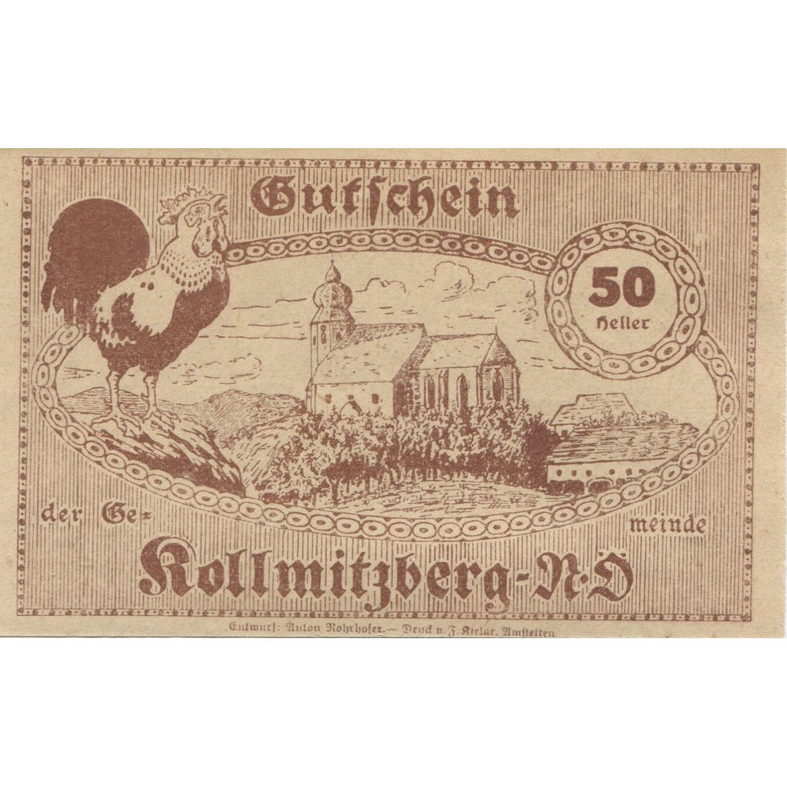Banknote, Austria, Kollmitzberg, 50 Heller, Eglise, 1920 UNC(63) Mehl:FS 462a